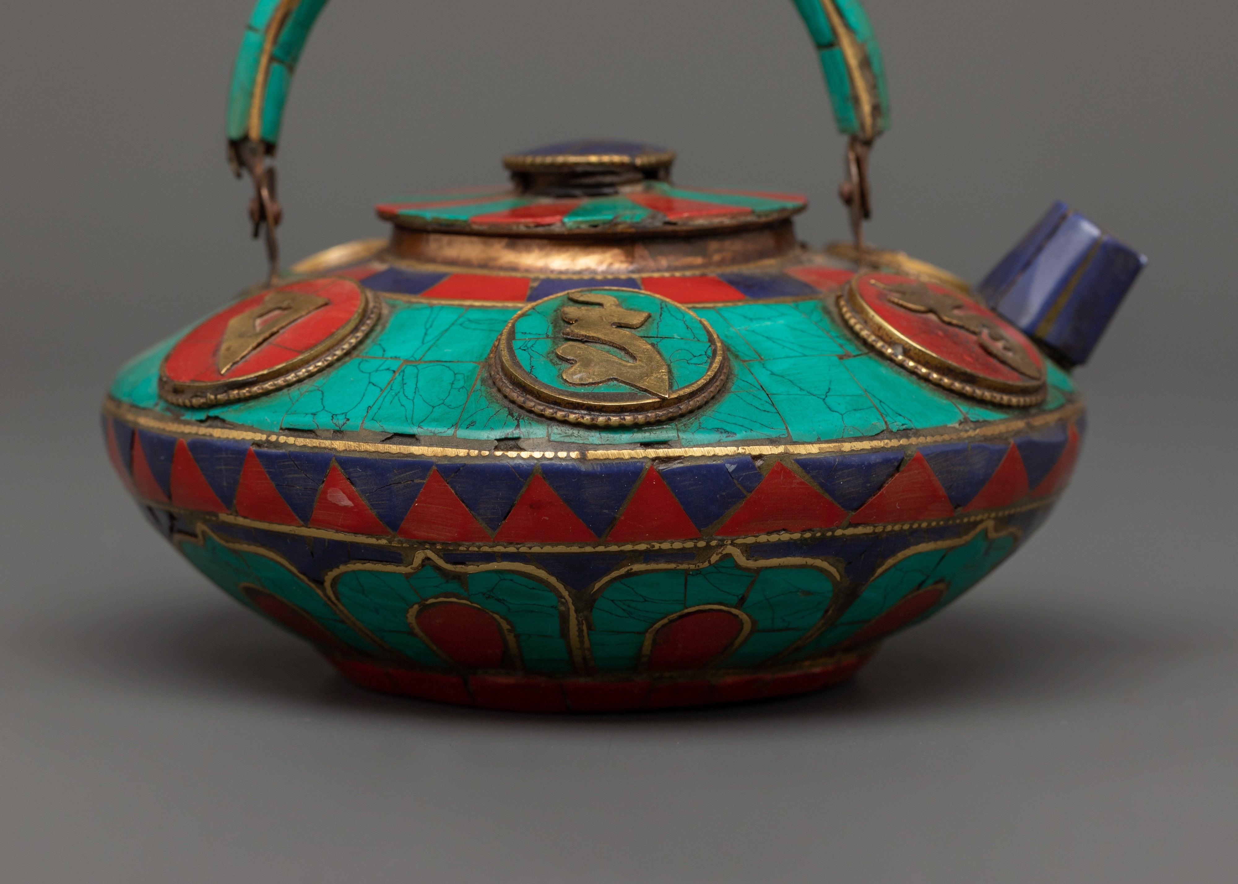 Decorative Tea Pot with Mantra Carving | Turquoise, Coral & Lapis Inlay