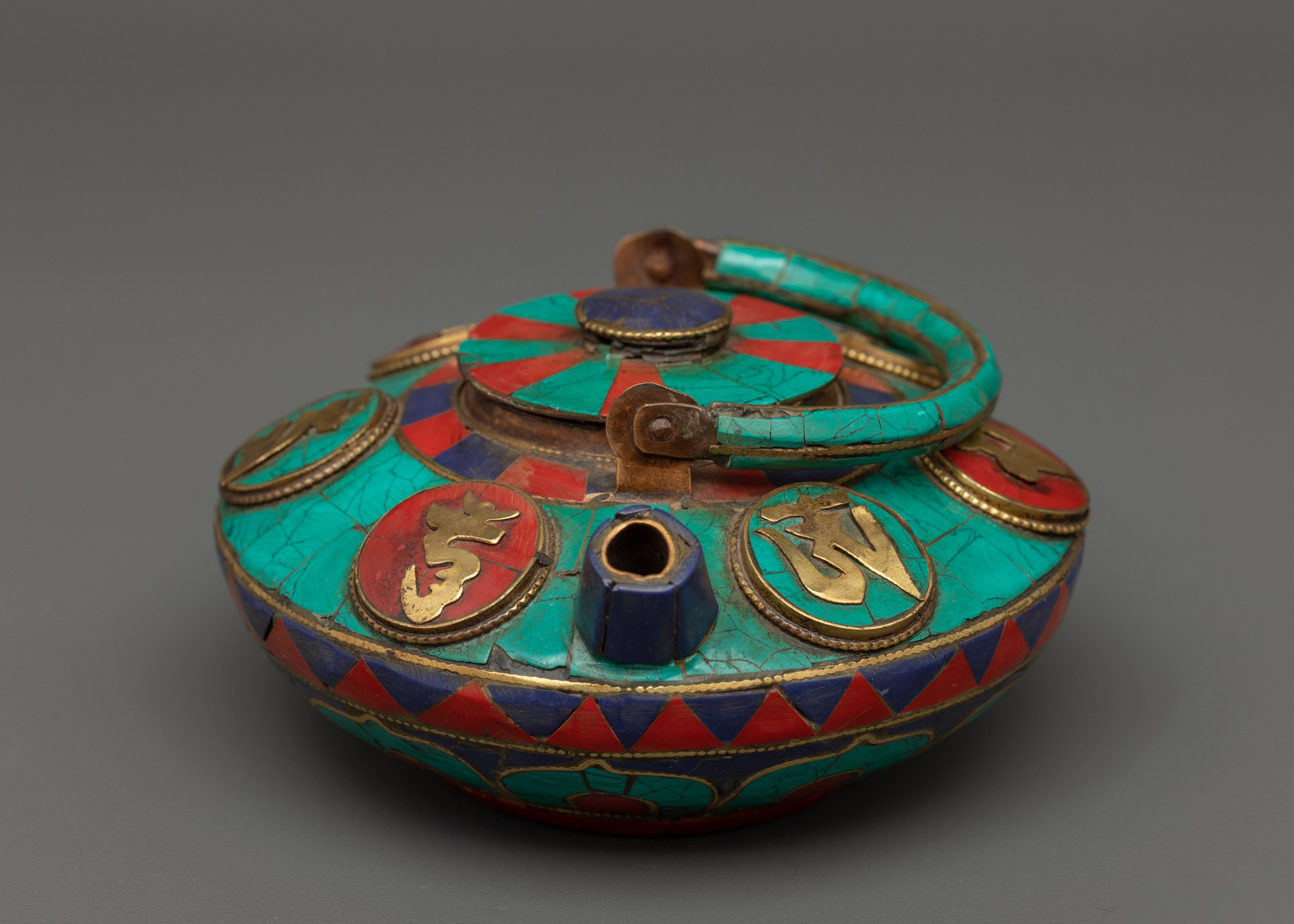 Decorative Tea Pot with Mantra Carving | Turquoise, Coral & Lapis Inlay