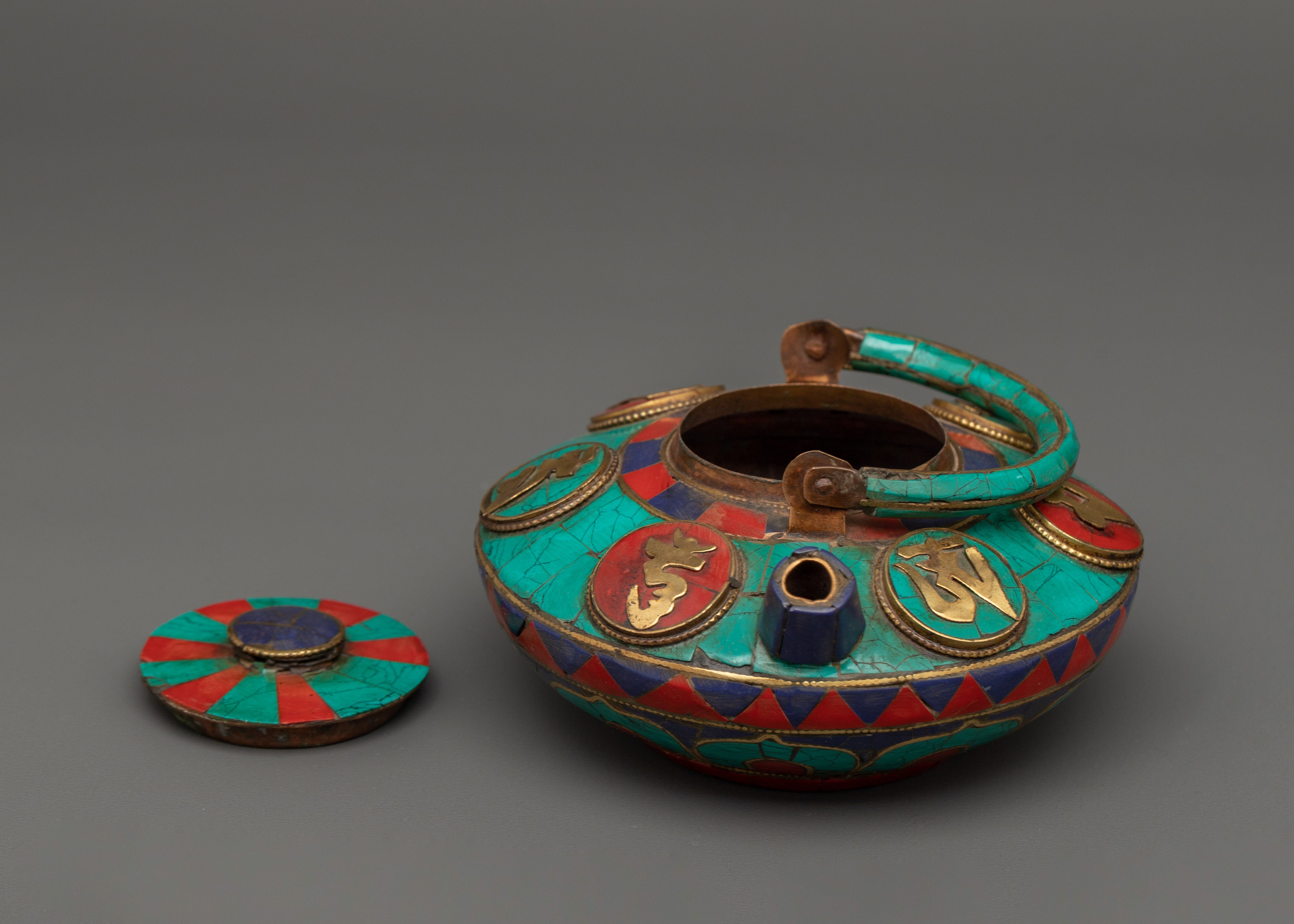 Decorative Tea Pot with Mantra Carving | Turquoise, Coral & Lapis Inlay