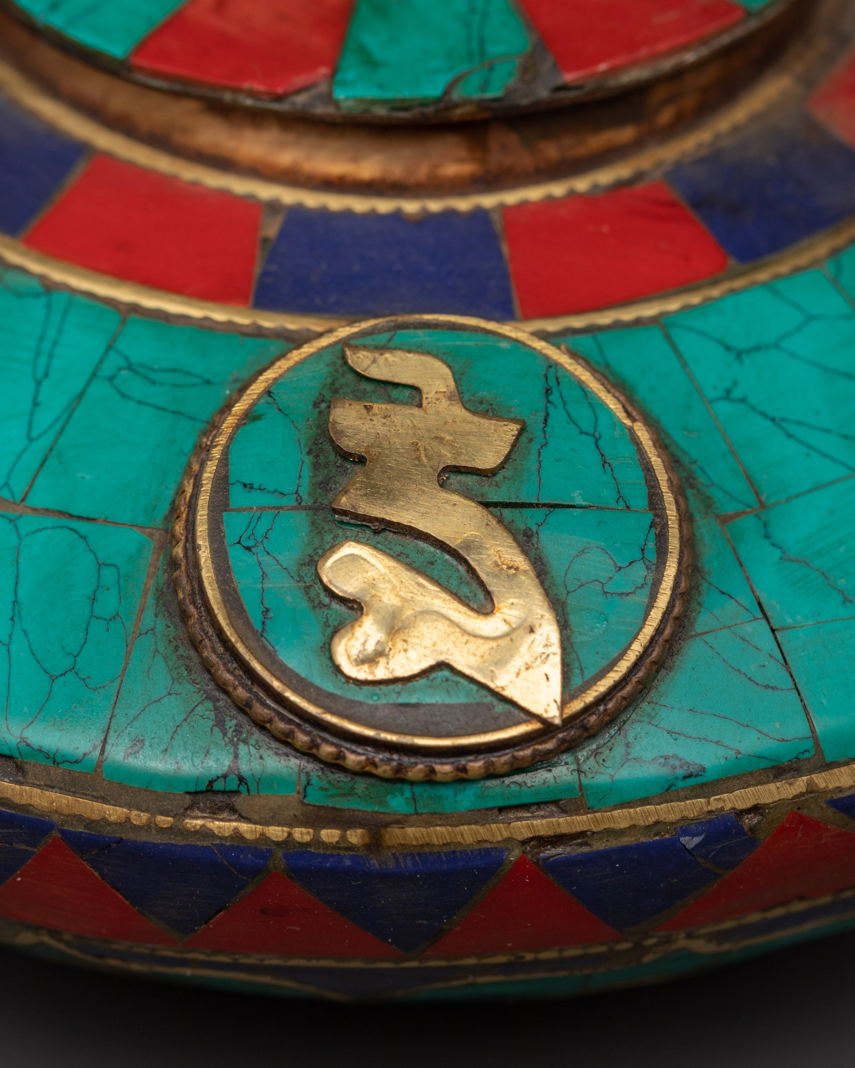 Decorative Tea Pot with Mantra Carving | Turquoise, Coral & Lapis Inlay
