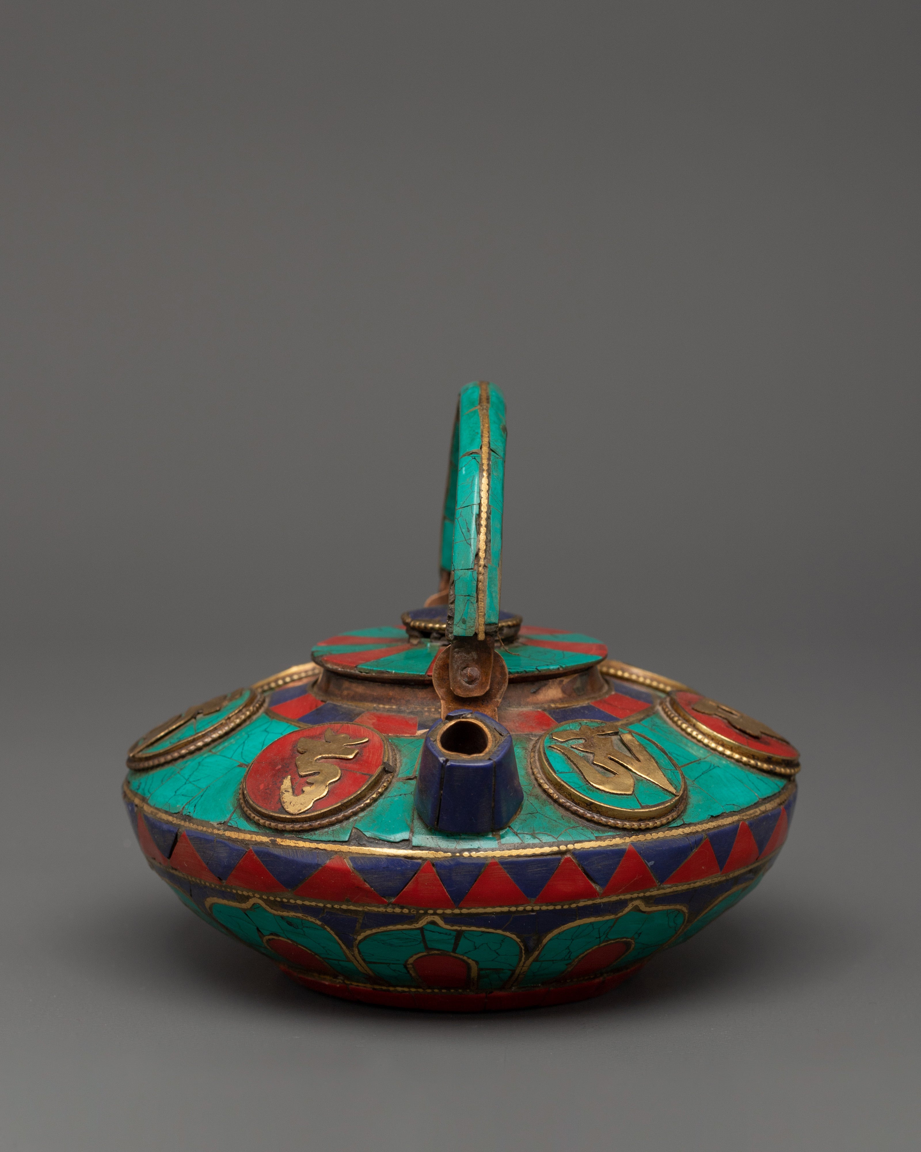 Decorative Tea Pot with Mantra Carving | Turquoise, Coral & Lapis Inlay
