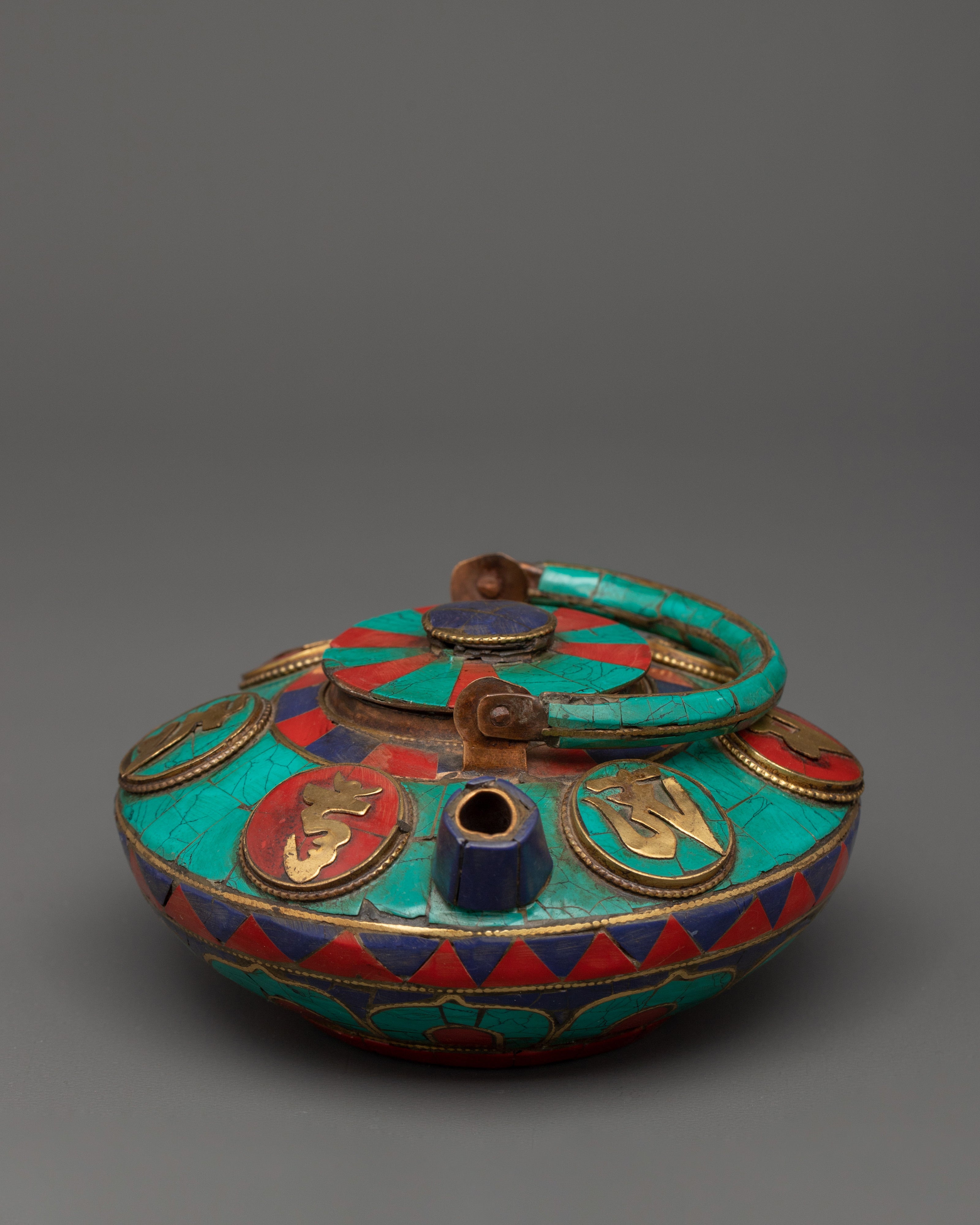 Decorative Tea Pot with Mantra Carving | Turquoise, Coral & Lapis Inlay