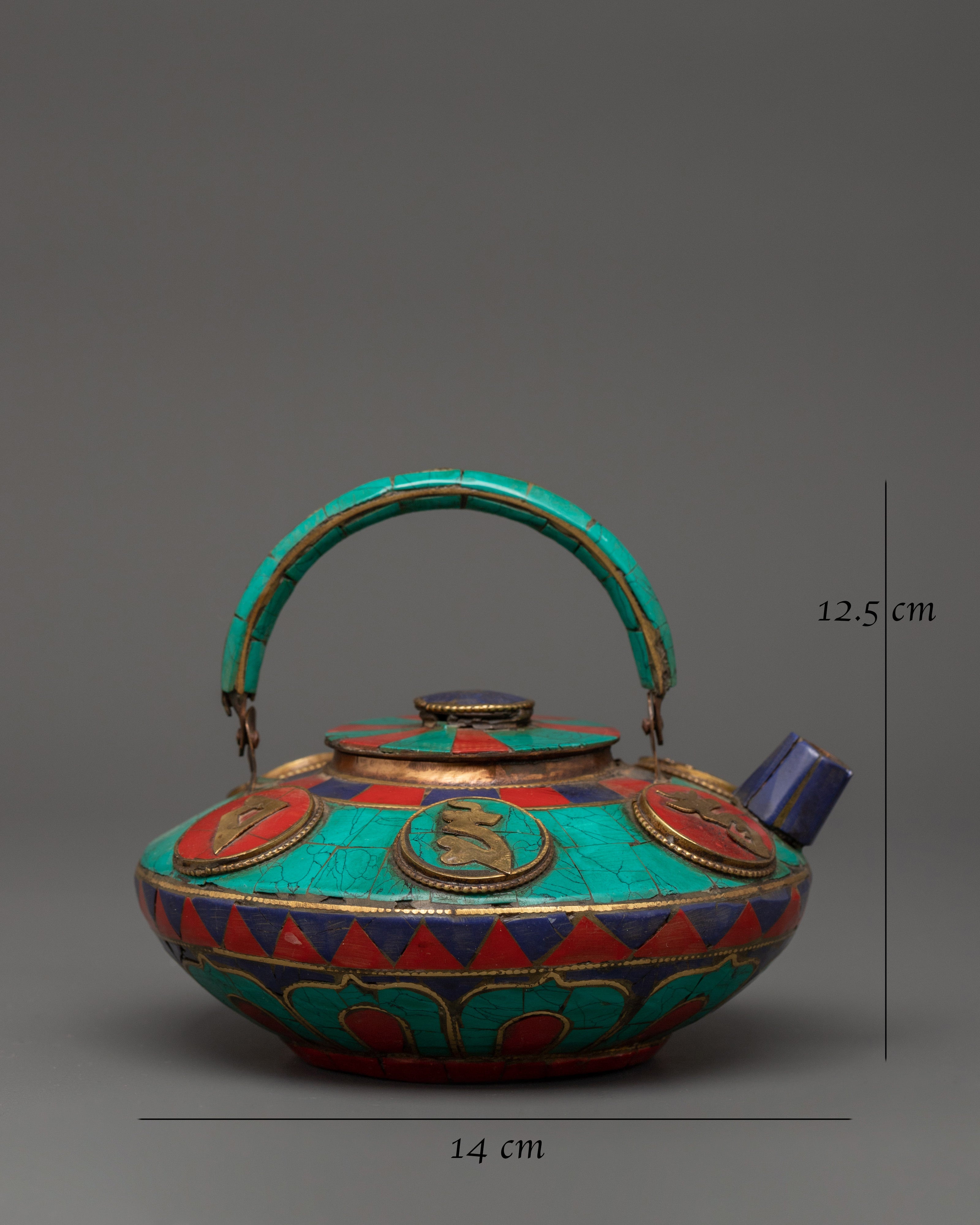 Decorative Tea Pot with Mantra Carving | Turquoise, Coral & Lapis Inlay