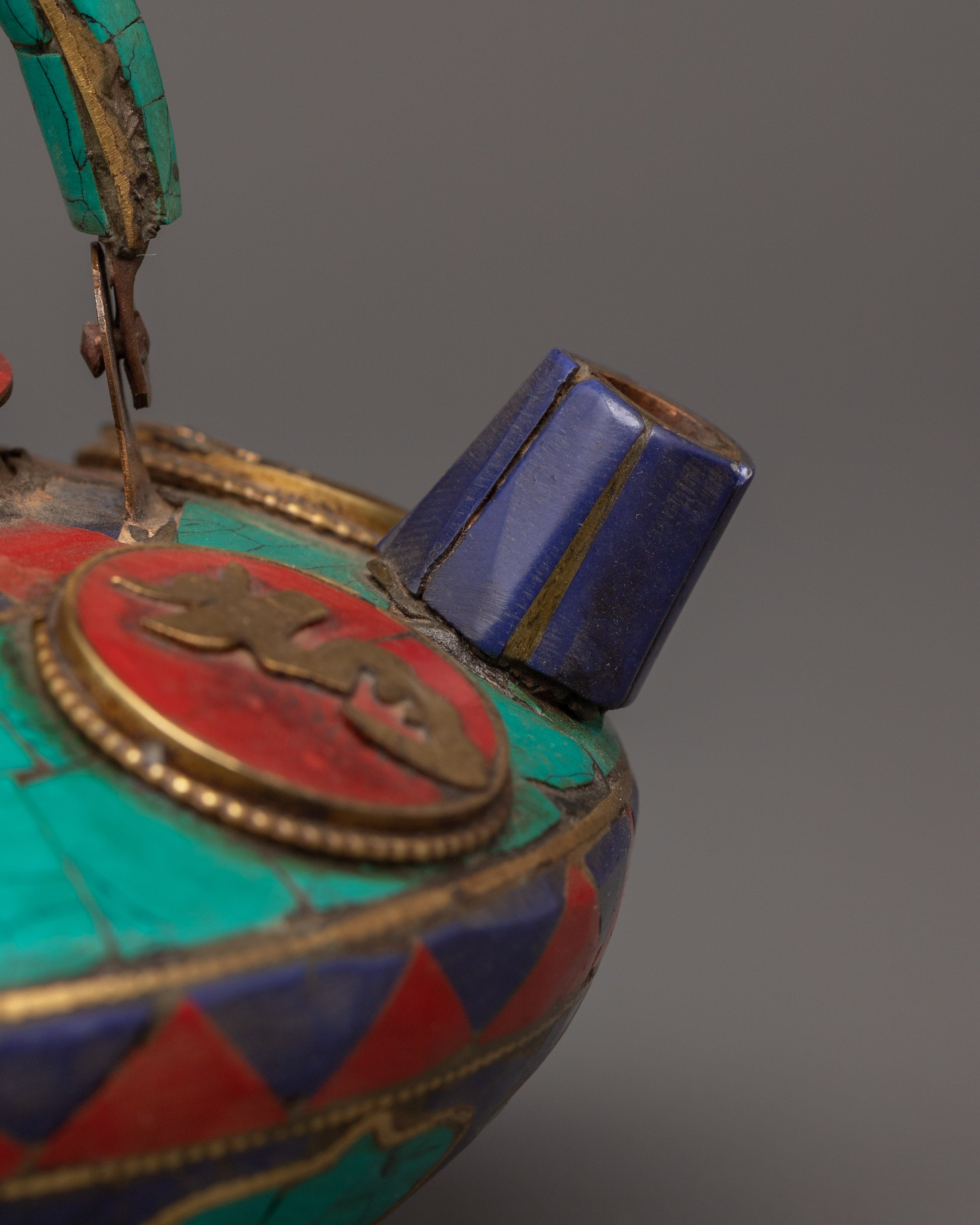 Decorative Tea Pot with Mantra Carving | Turquoise, Coral & Lapis Inlay