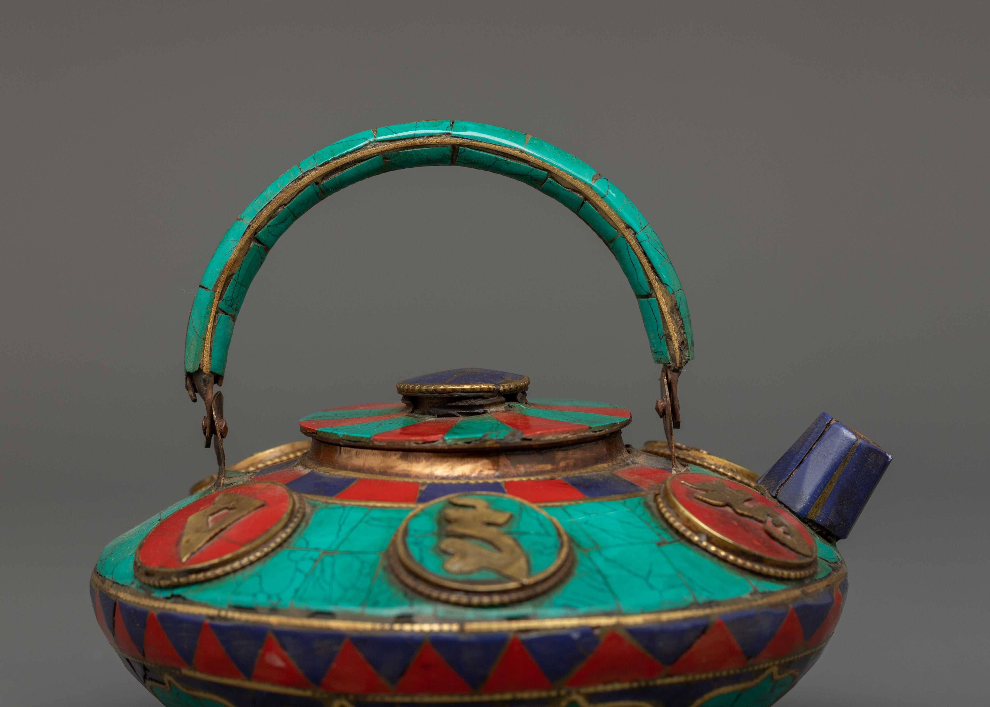 Decorative Tea Pot with Mantra Carving | Turquoise, Coral & Lapis Inlay