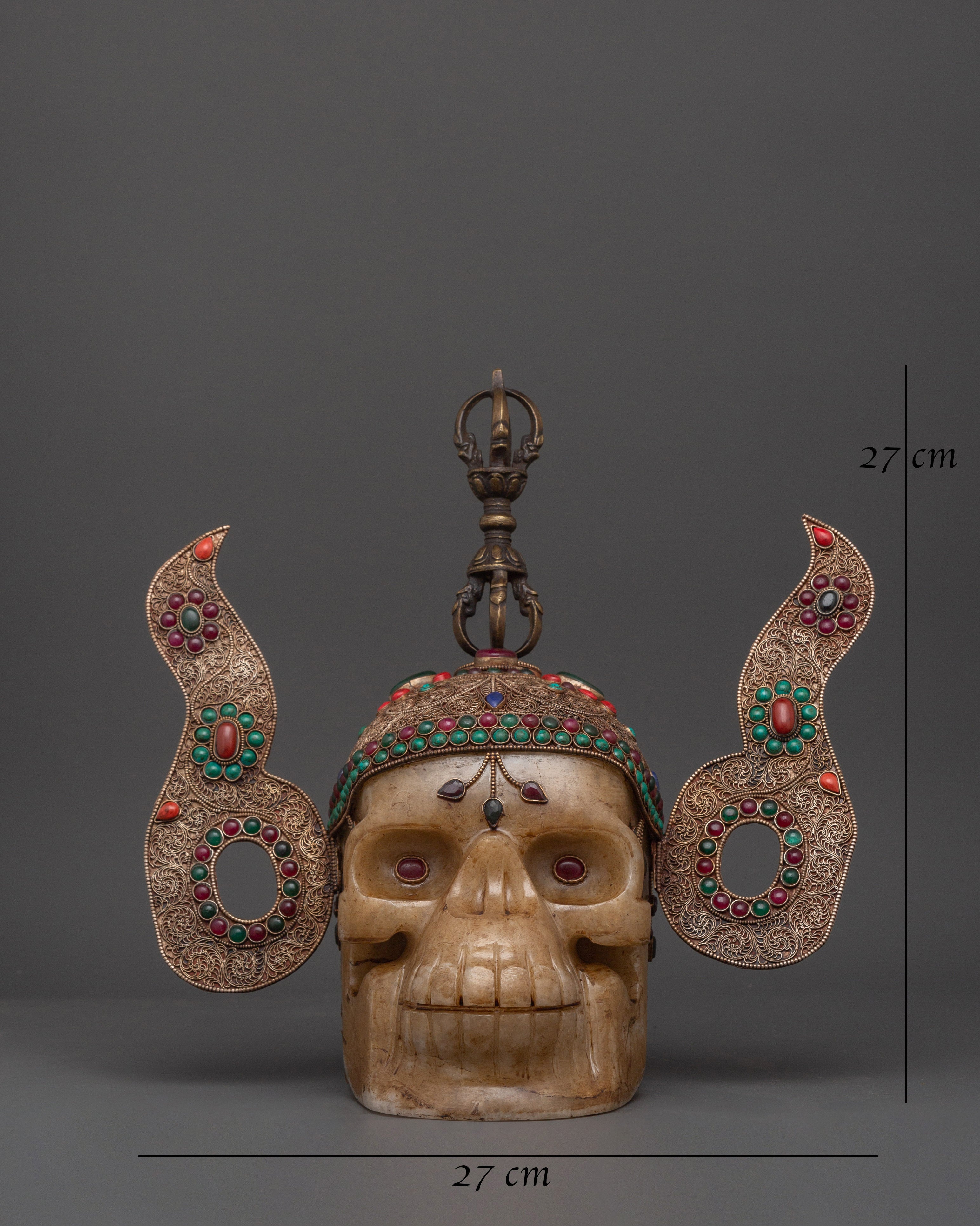 Mystic Skull Decor Copper Body with Silver Plating | Inlaid Coral, Turquoise & Crystal