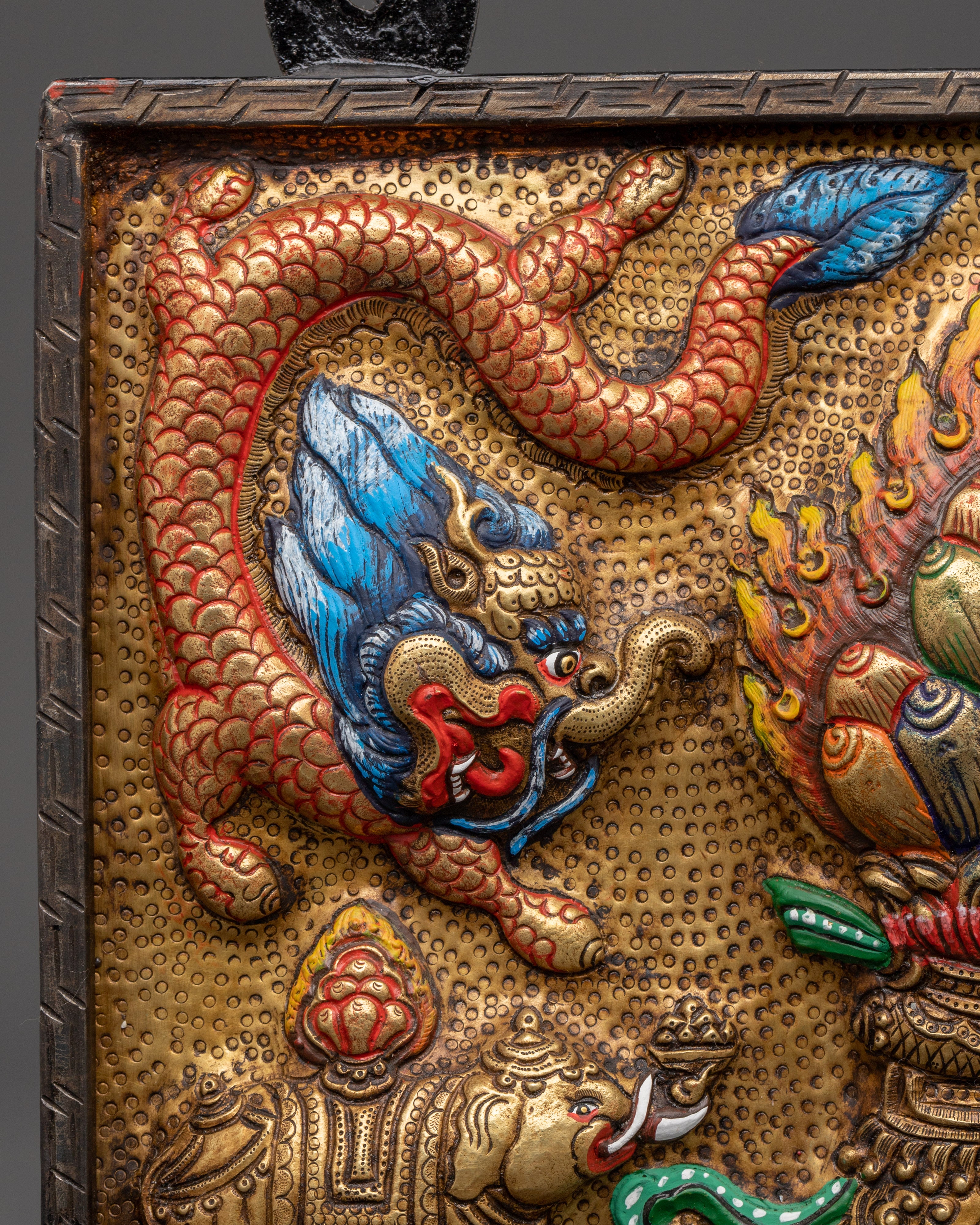 Handcrafted Brass Tibetan Wall Hanging | Tibetan Decor with Elephants & Dragon