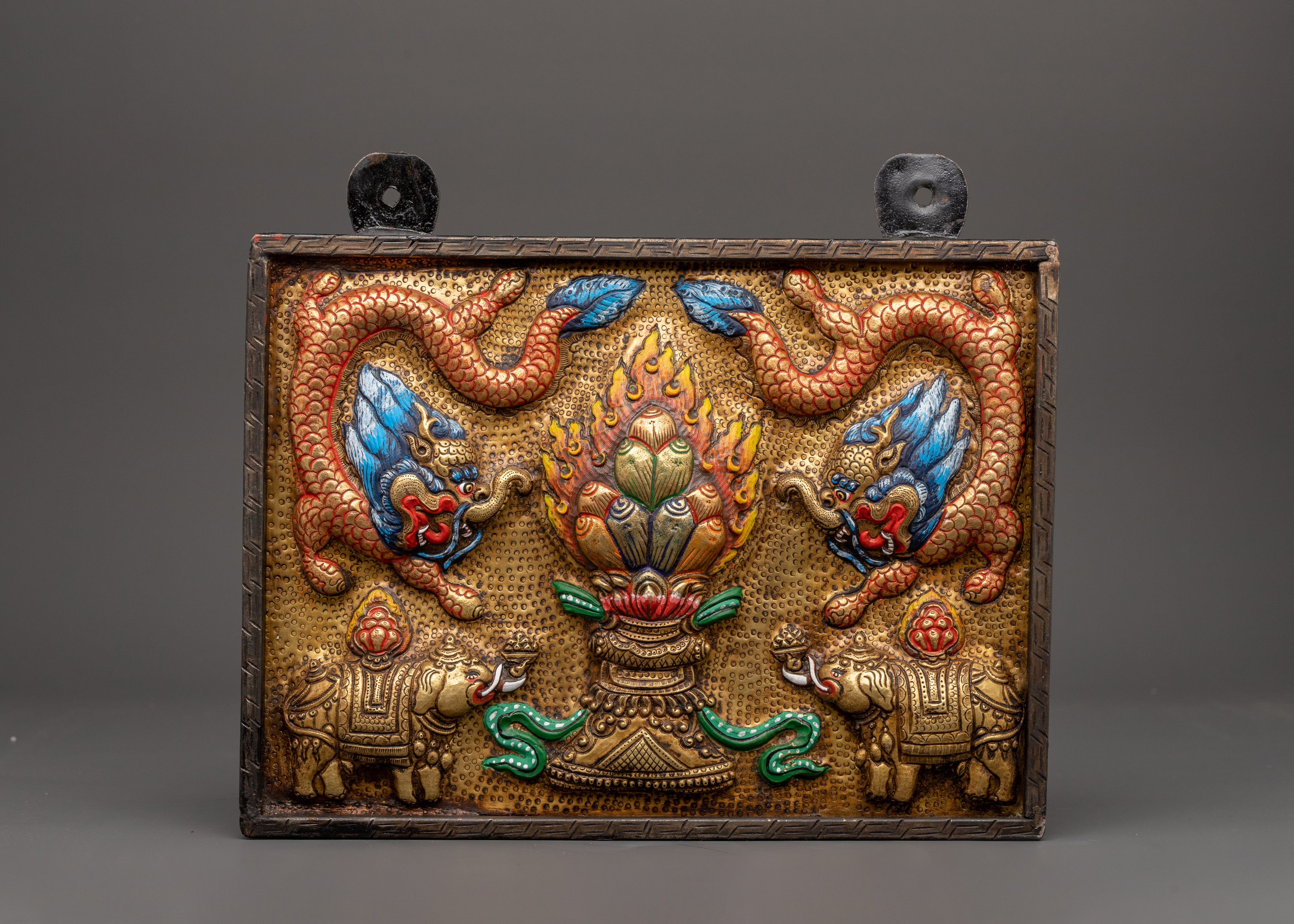 Handcrafted Brass Tibetan Wall Hanging | Tibetan Decor with Elephants & Dragon