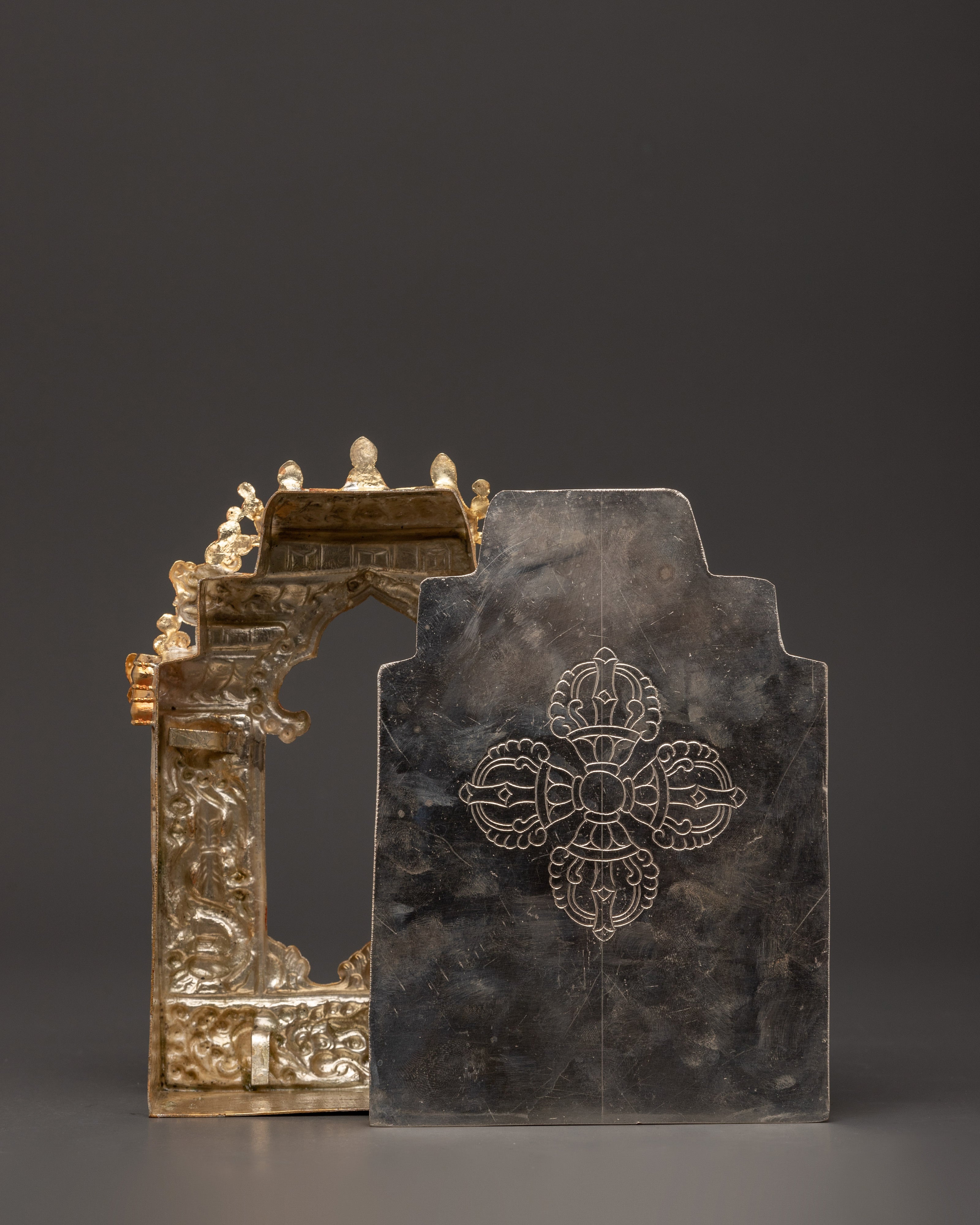 Hand-carved Copper Ghau Box | Tibetan Amulet with Biswo Vajra & Dragon Motif