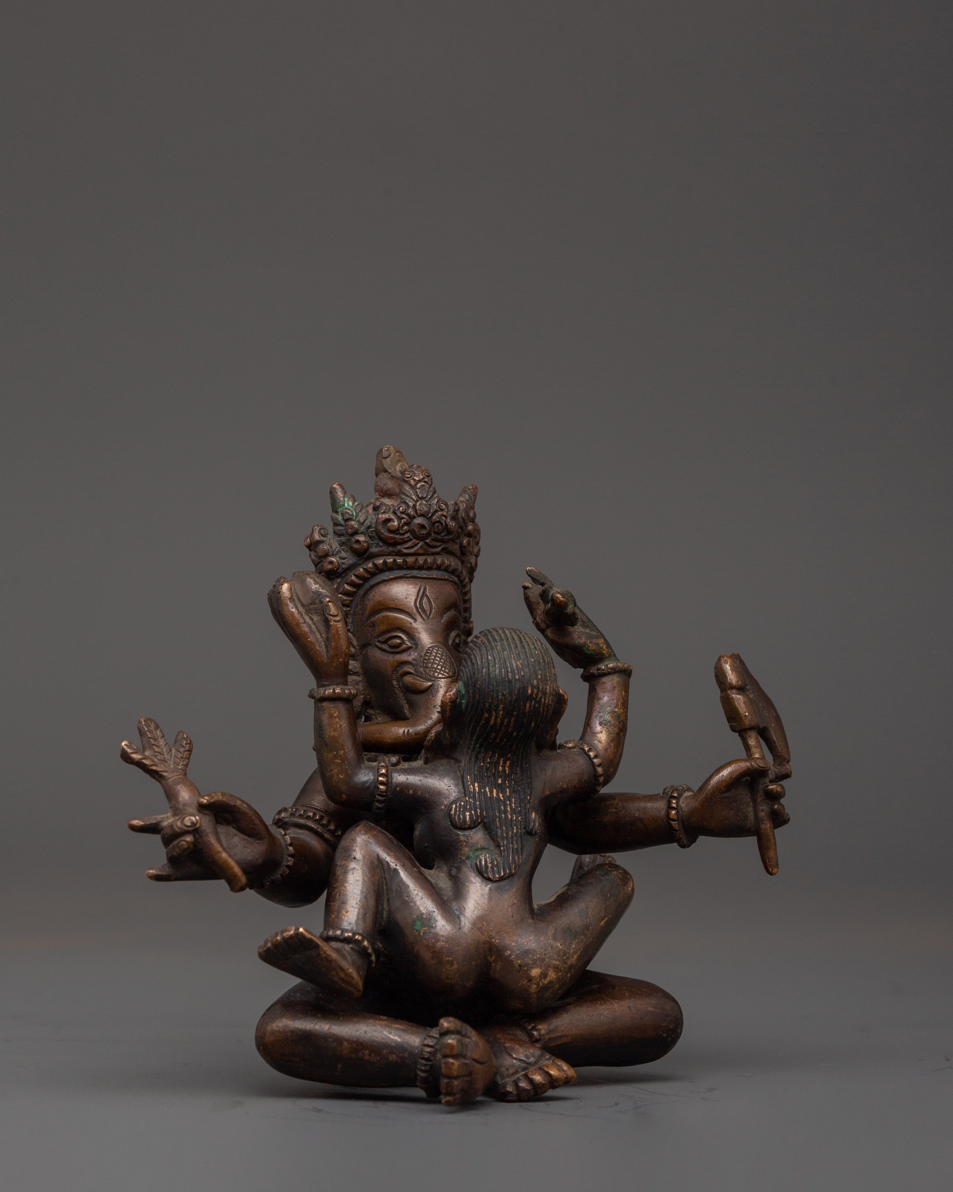 Oxidized Copper Ganesh with Consort Statue | Hindu Deity Sculpture