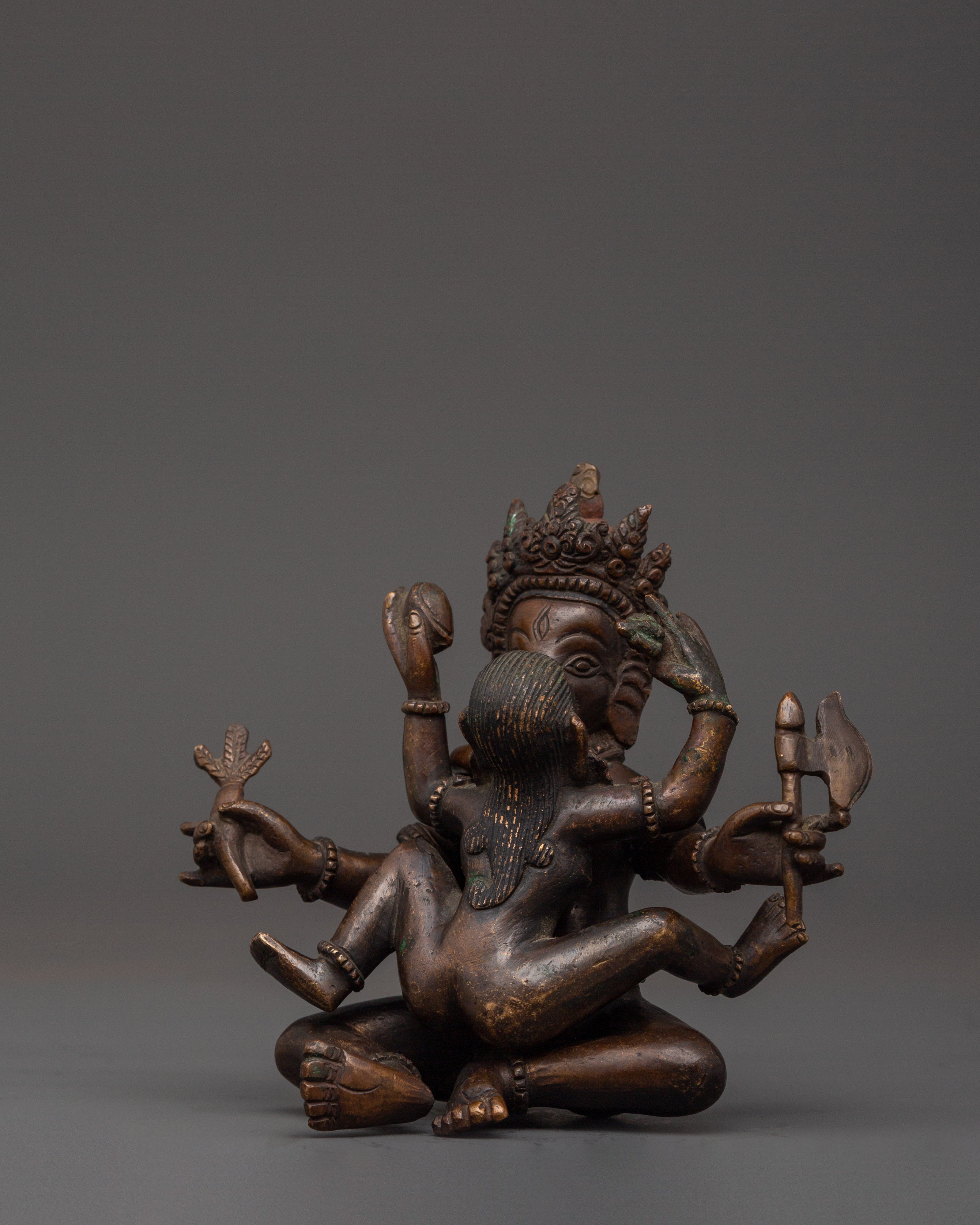 Oxidized Copper Ganesh with Consort Statue | Hindu Deity Sculpture