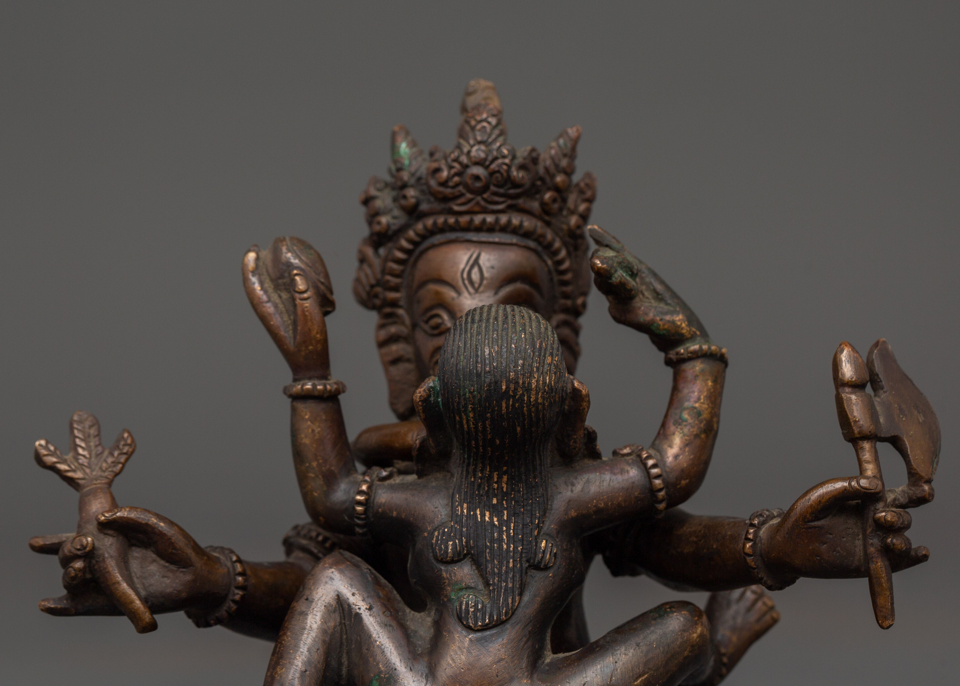 Oxidized Copper Ganesh with Consort Statue | Hindu Deity Sculpture