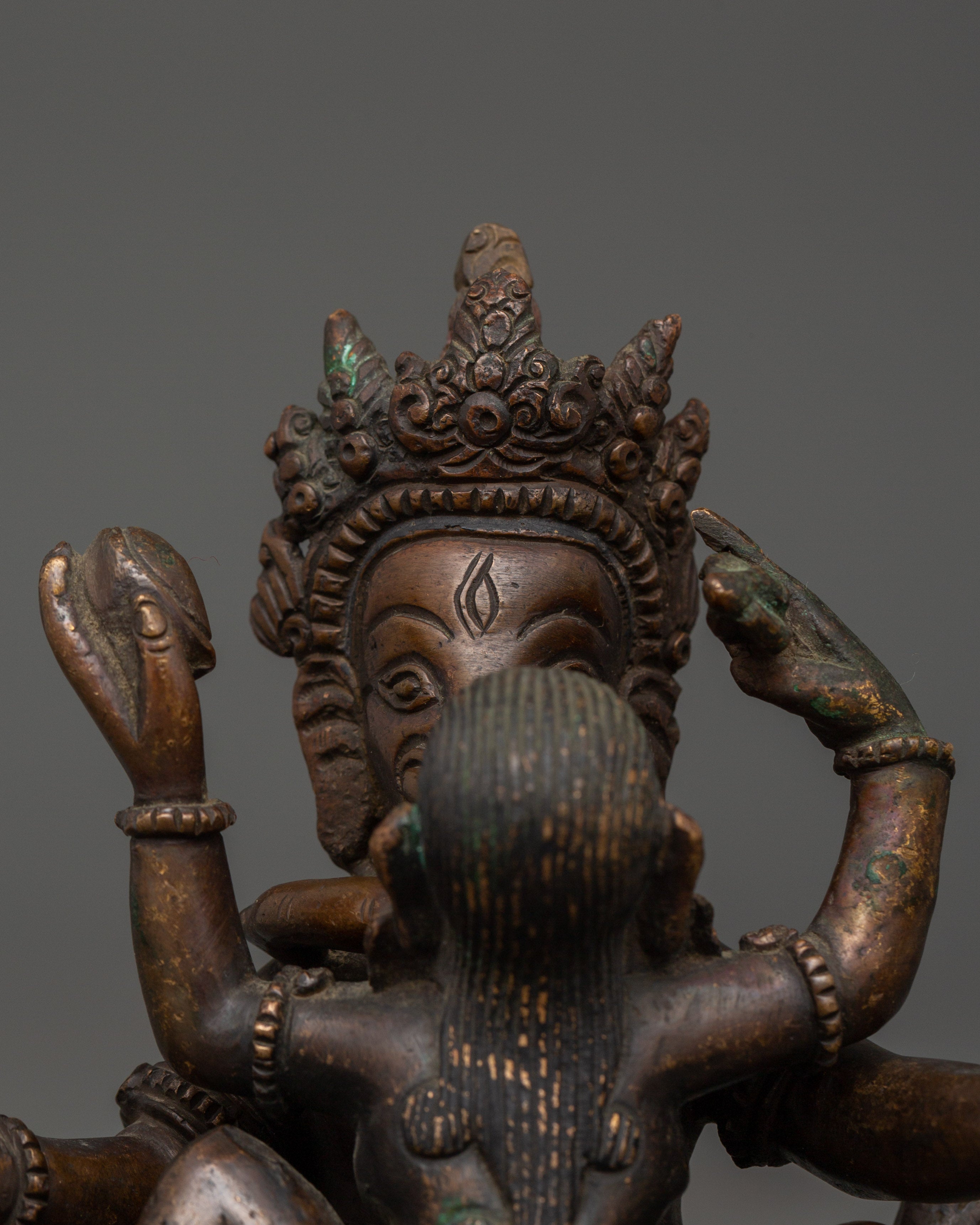 Oxidized Copper Ganesh with Consort Statue | Hindu Deity Sculpture