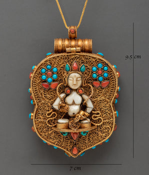 Gold Plated Deity Pendant with Coral | Sacred Buddhist Amulet Pendant
