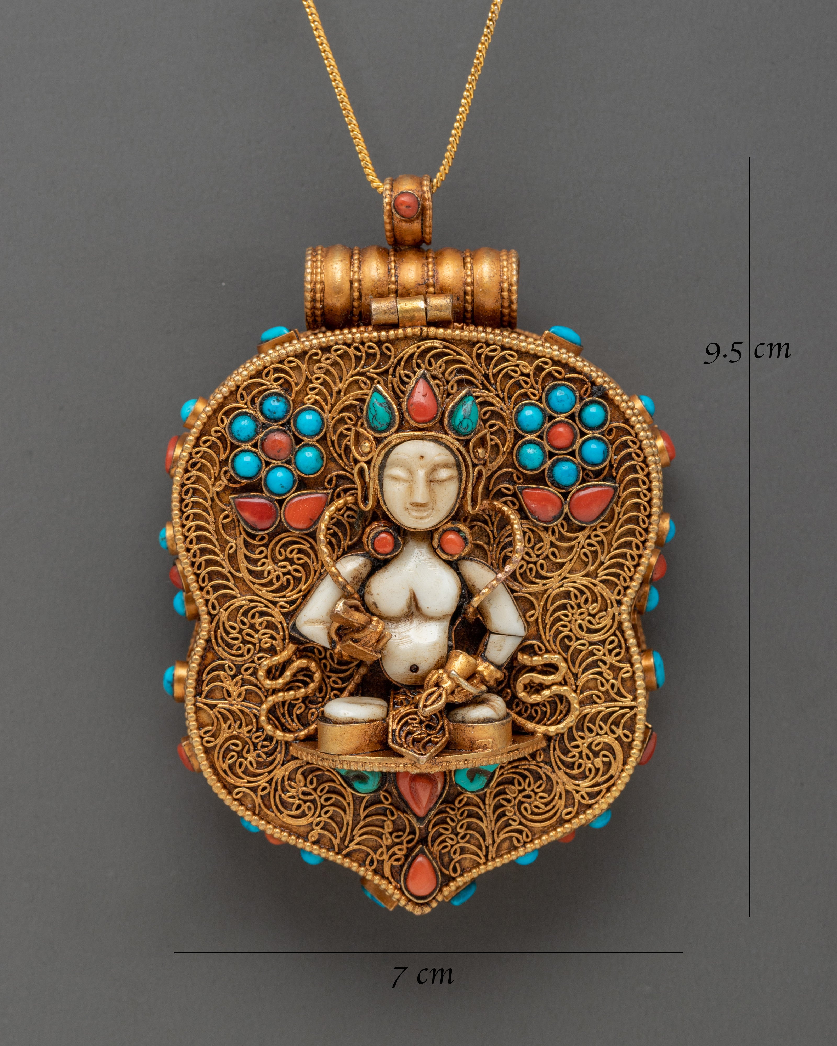Gold Plated Deity Pendant with Coral | Sacred Buddhist Amulet Pendant