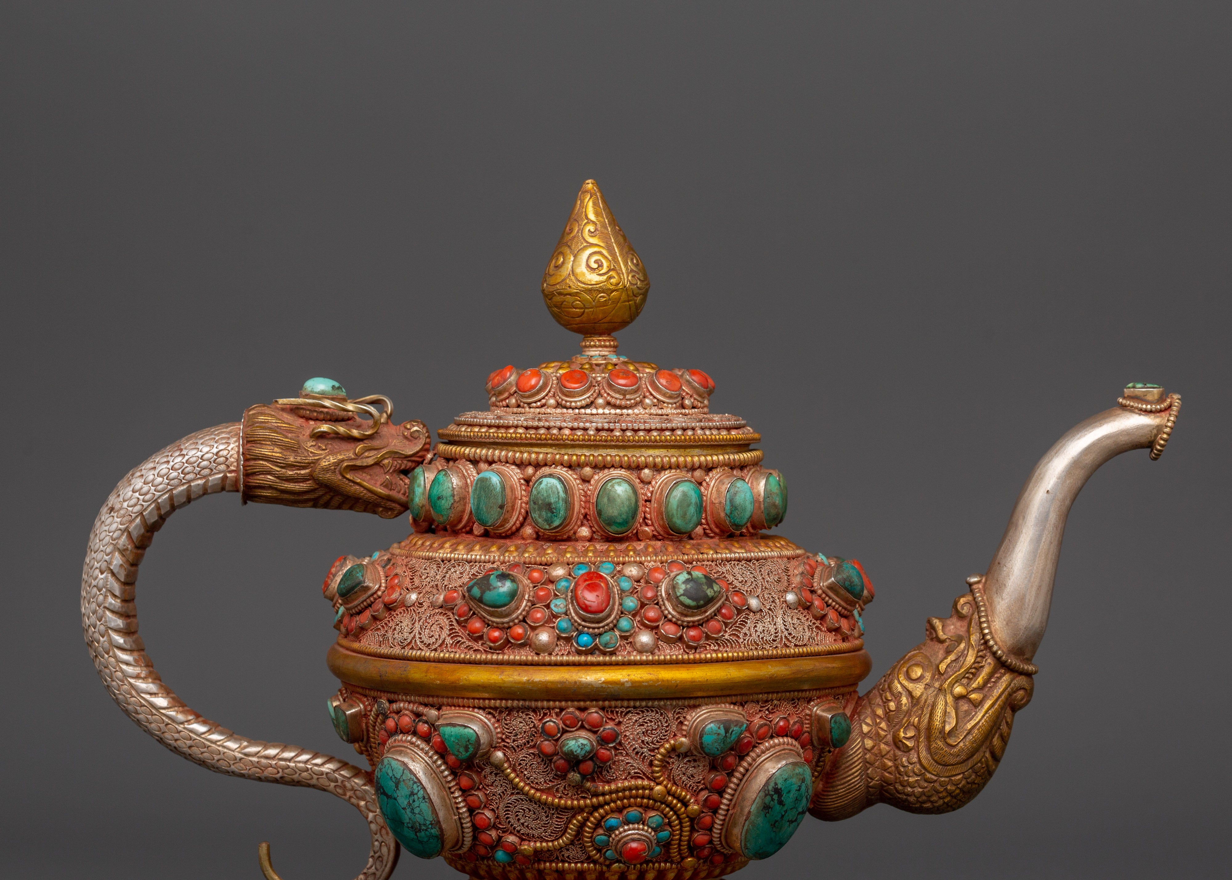 92.5% silver Tibetan teapot with Coral & Turquoise |  Ritual Pot with Filigree Work