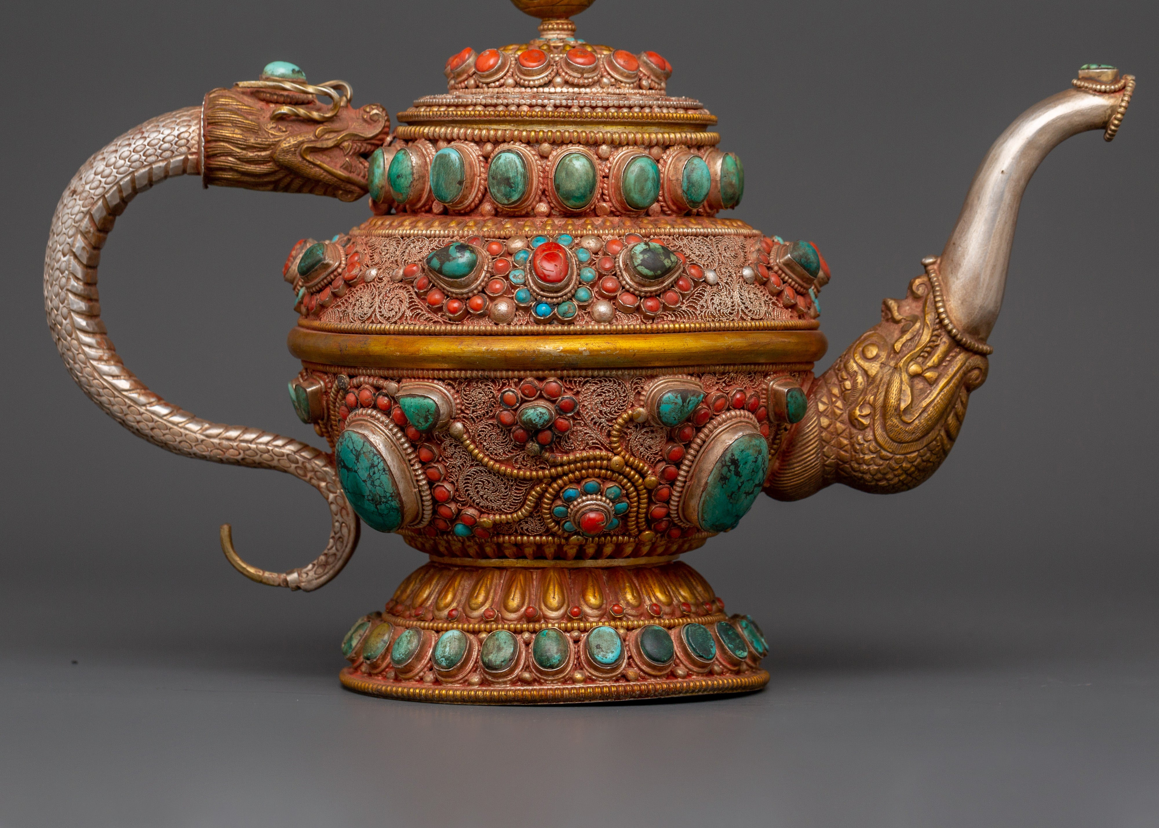 92.5% silver Tibetan teapot with Coral & Turquoise |  Ritual Pot with Filigree Work