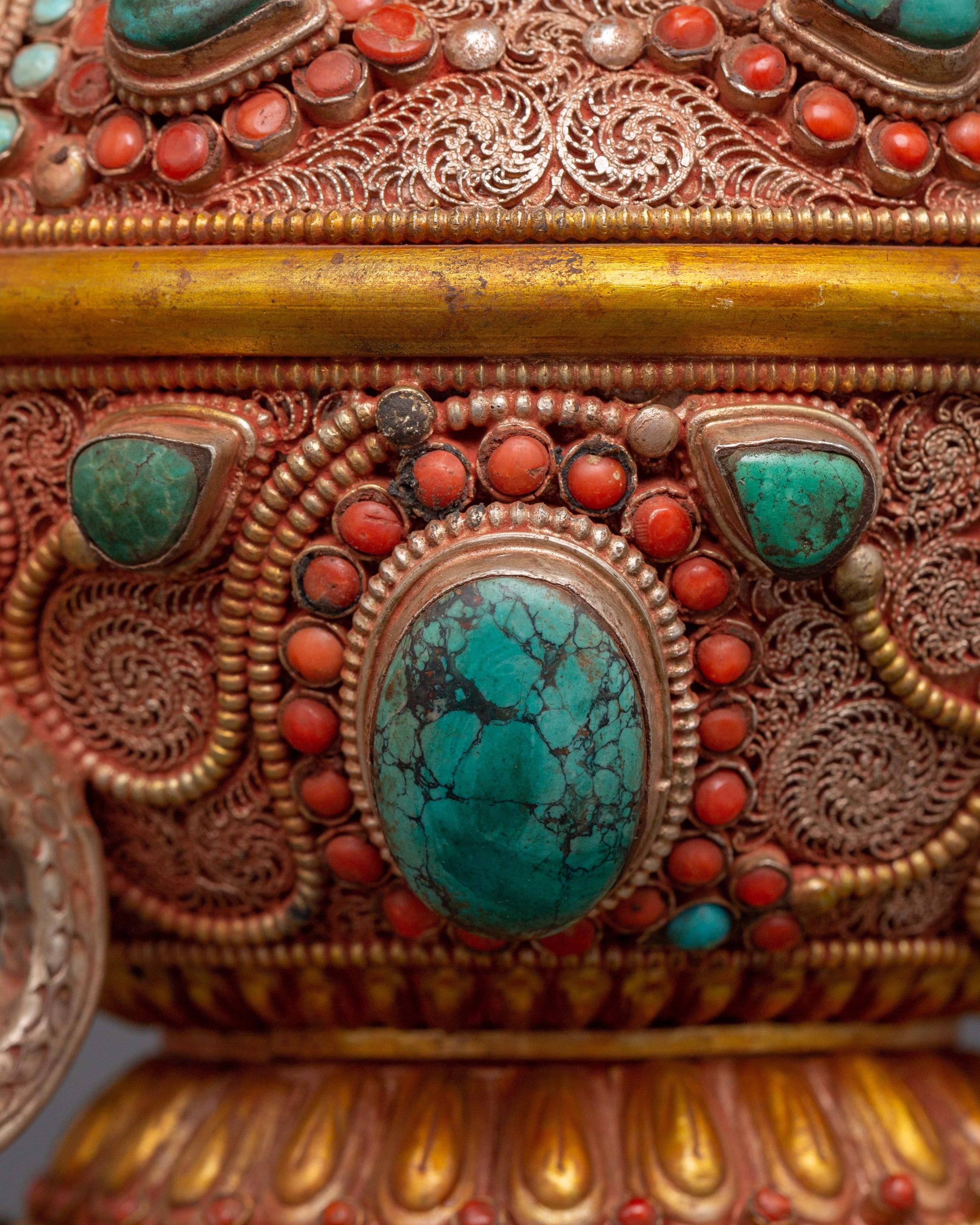 92.5% silver Tibetan teapot with Coral & Turquoise |  Ritual Pot with Filigree Work