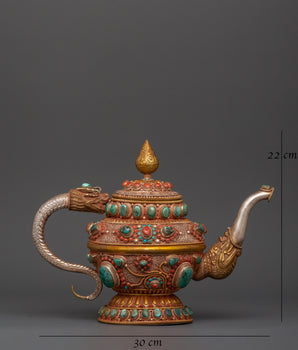 92.5% silver Tibetan teapot with Coral & Turquoise |  Ritual Pot with Filigree Work