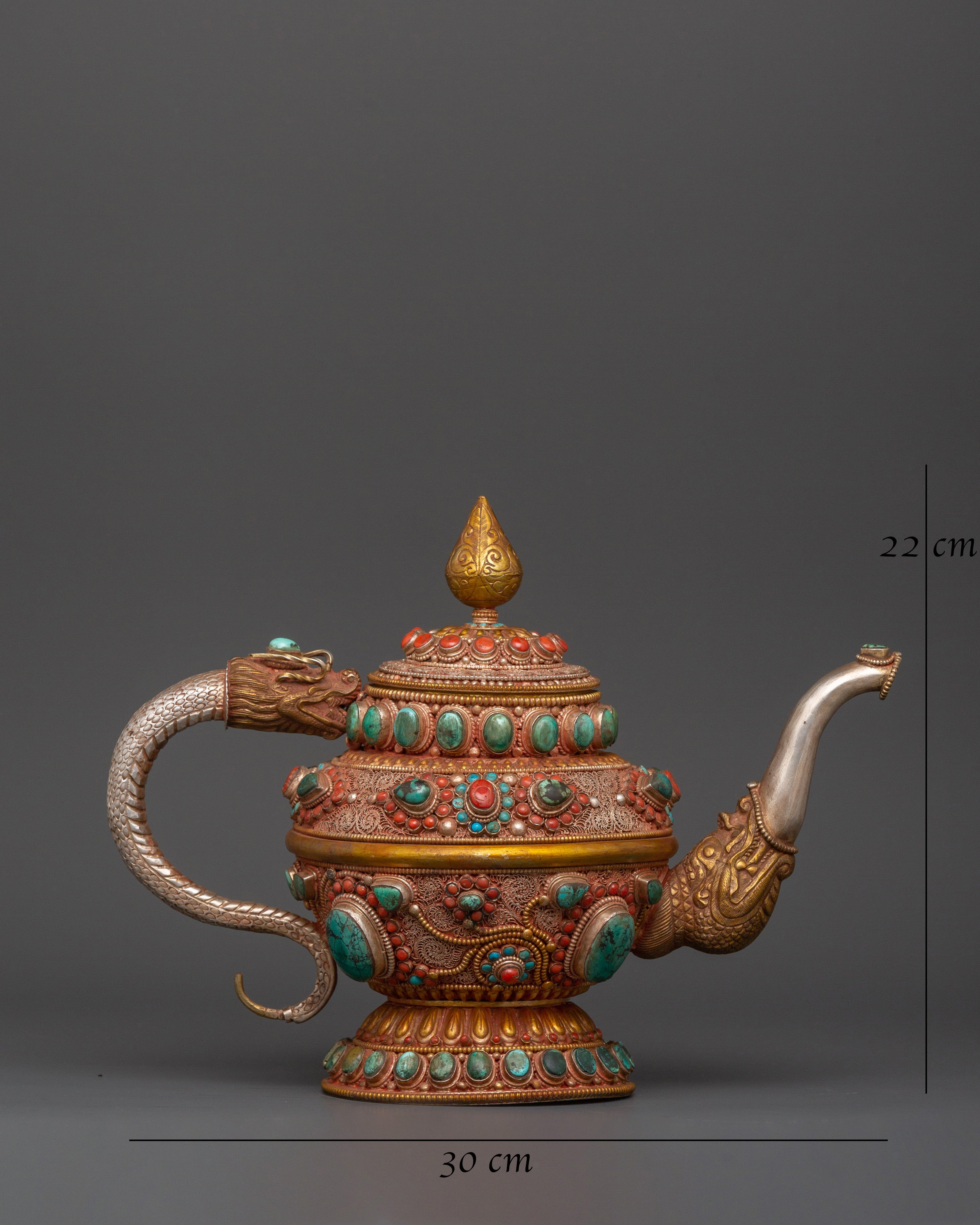 92.5% silver Tibetan teapot with Coral & Turquoise |  Ritual Pot with Filigree Work
