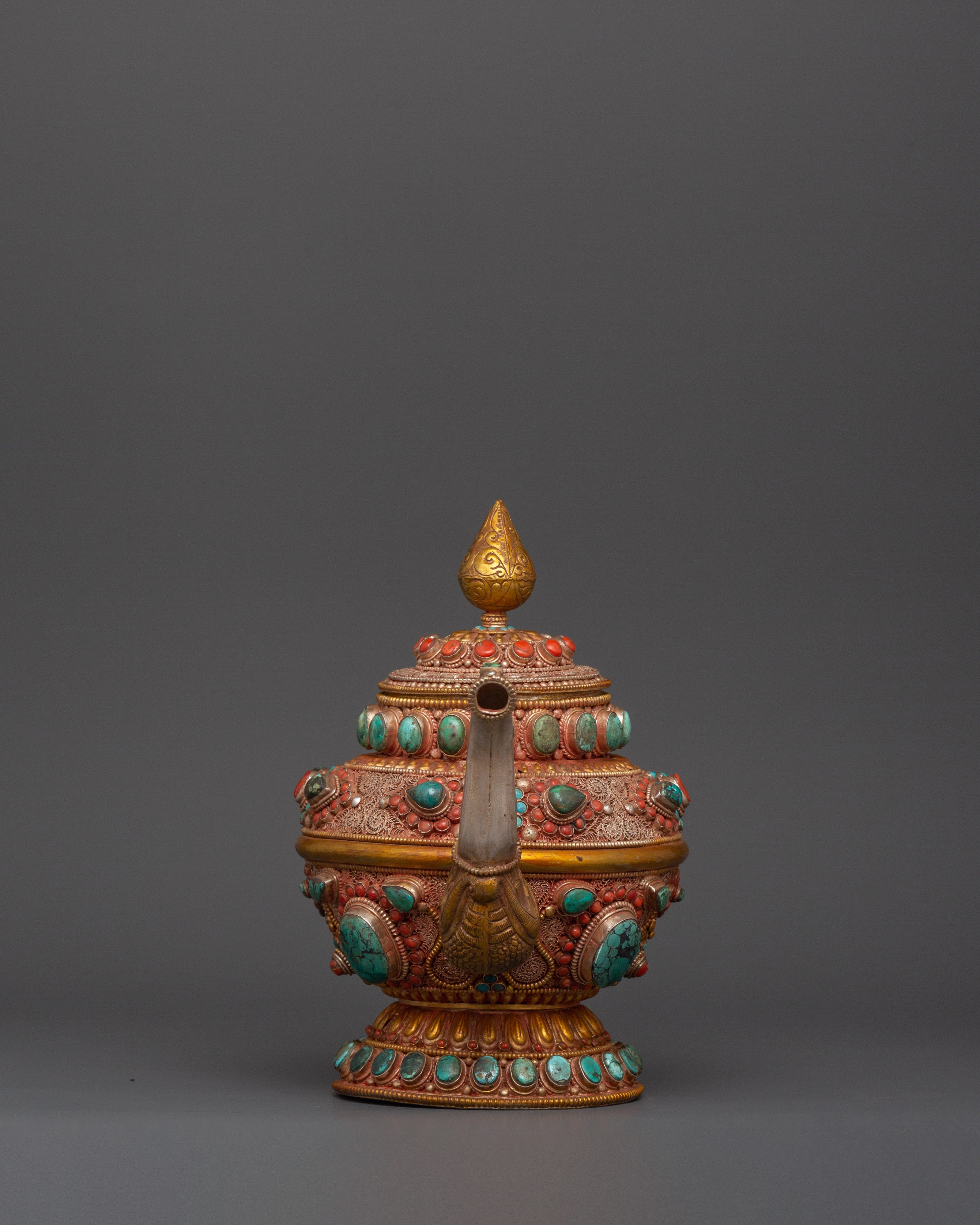 92.5% silver Tibetan teapot with Coral & Turquoise |  Ritual Pot with Filigree Work
