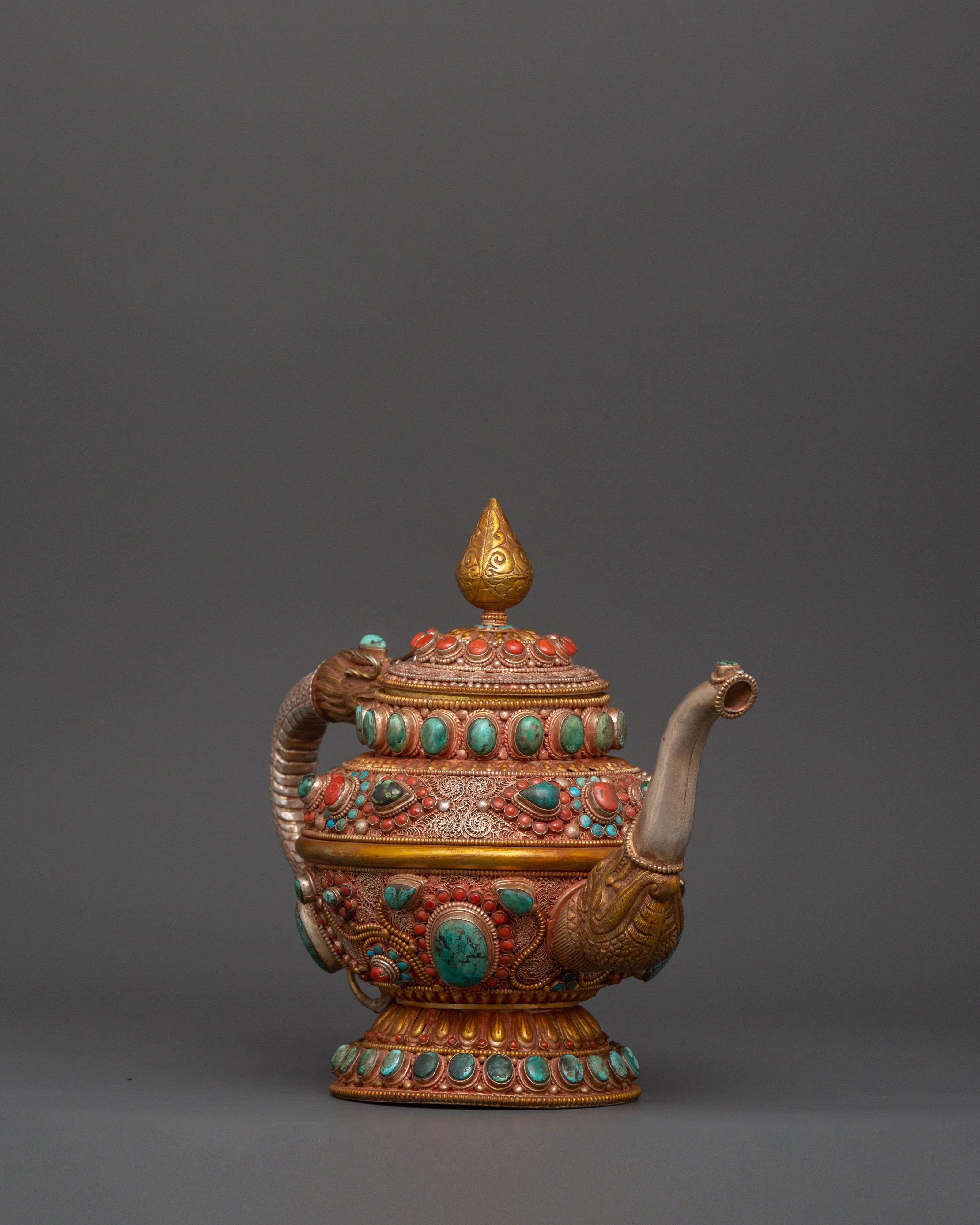 92.5% silver Tibetan teapot with Coral & Turquoise |  Ritual Pot with Filigree Work
