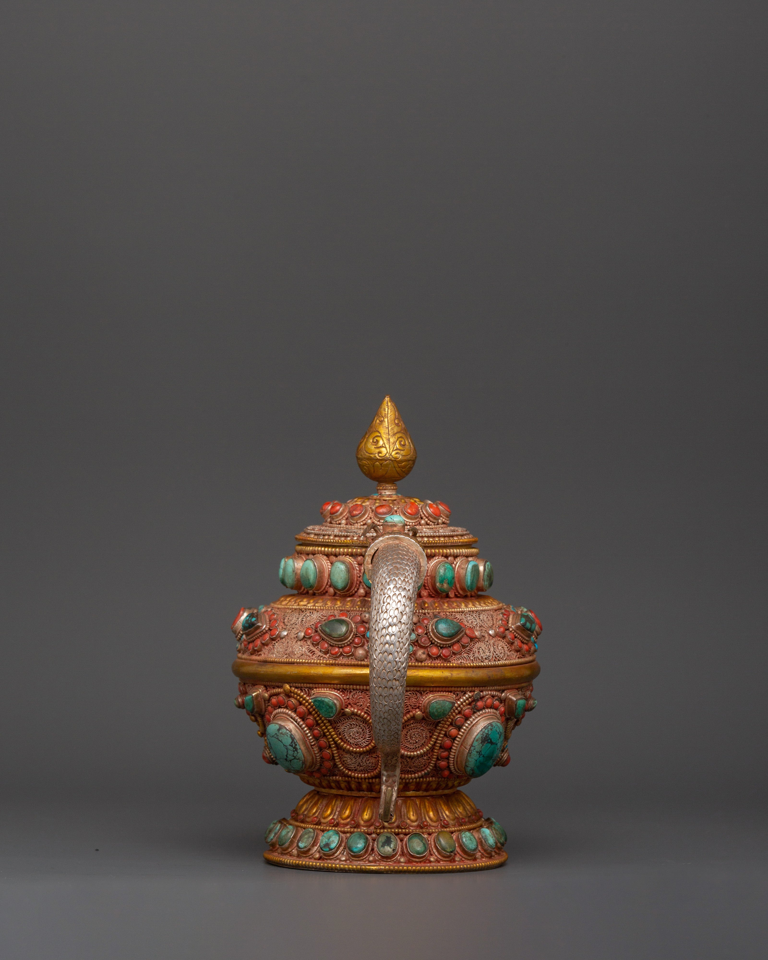 92.5% silver Tibetan teapot with Coral & Turquoise |  Ritual Pot with Filigree Work