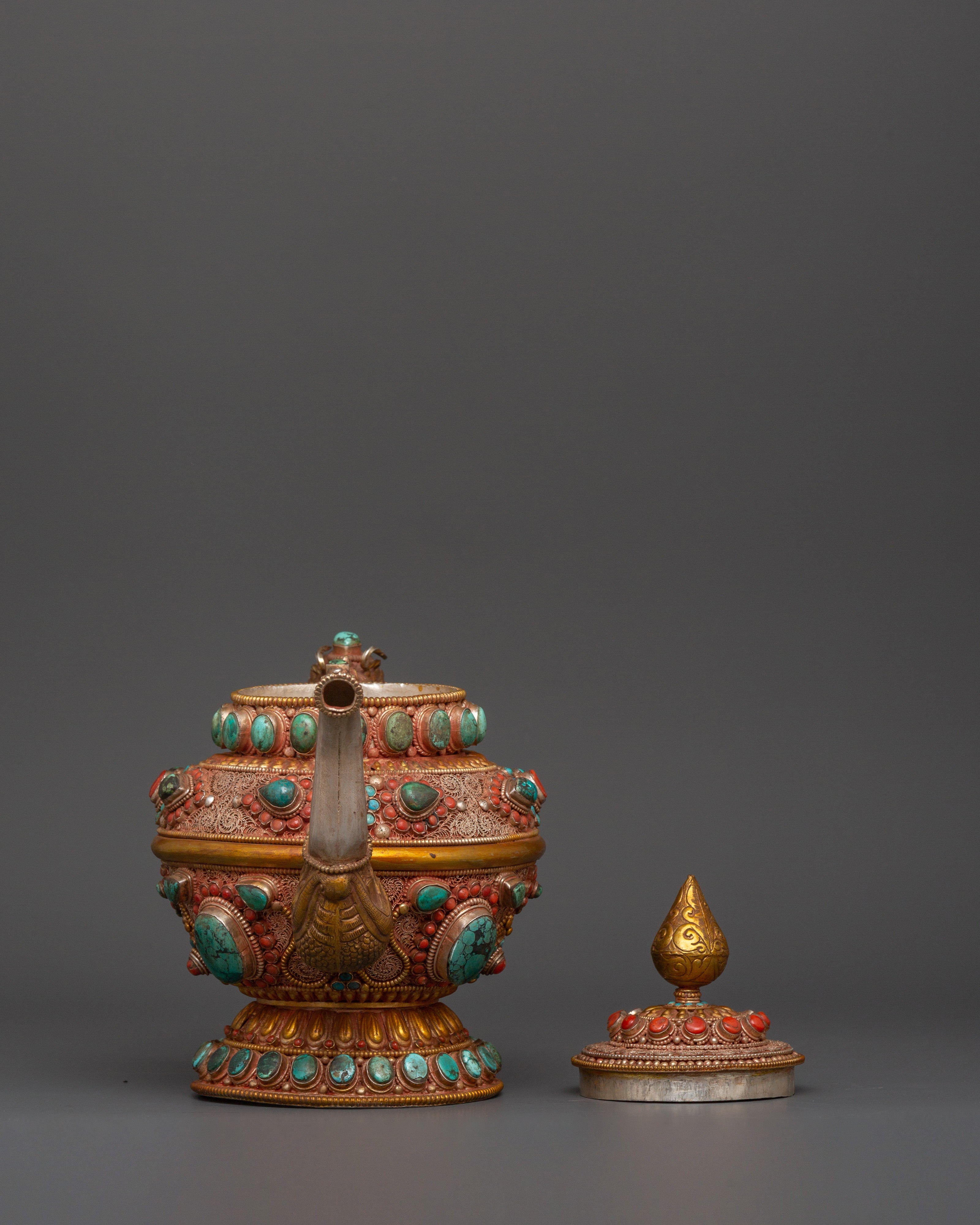 92.5% silver Tibetan teapot with Coral & Turquoise |  Ritual Pot with Filigree Work