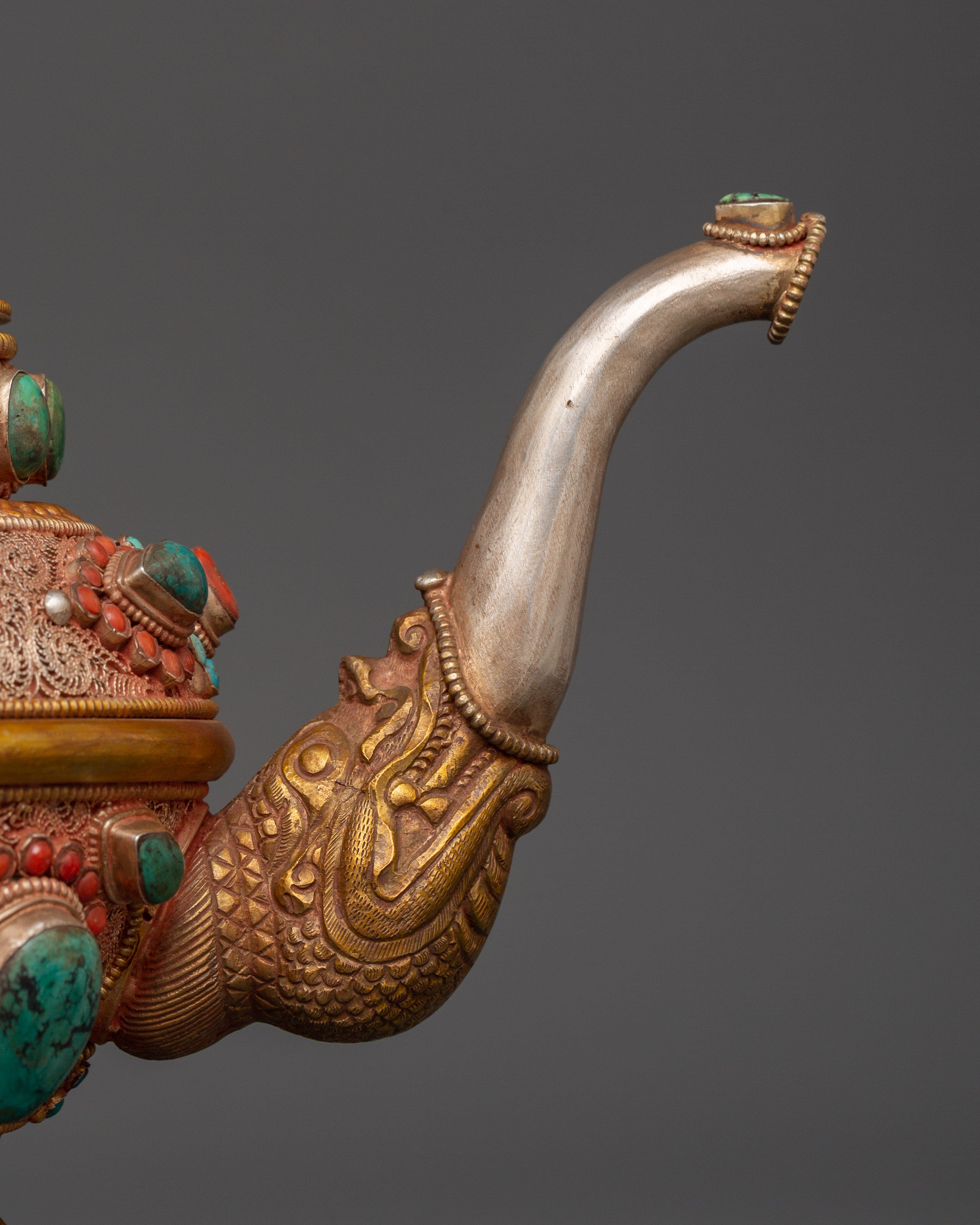 92.5% silver Tibetan teapot with Coral & Turquoise |  Ritual Pot with Filigree Work