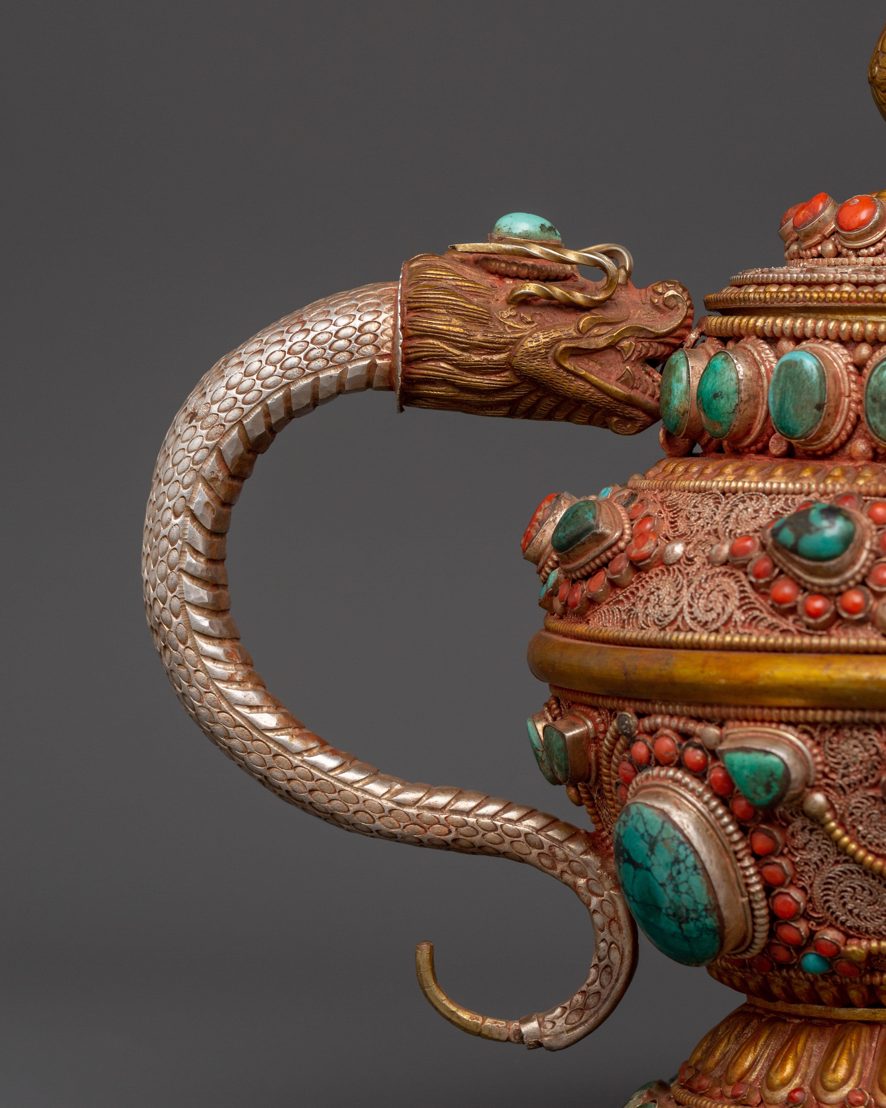 92.5% silver Tibetan teapot with Coral & Turquoise |  Ritual Pot with Filigree Work