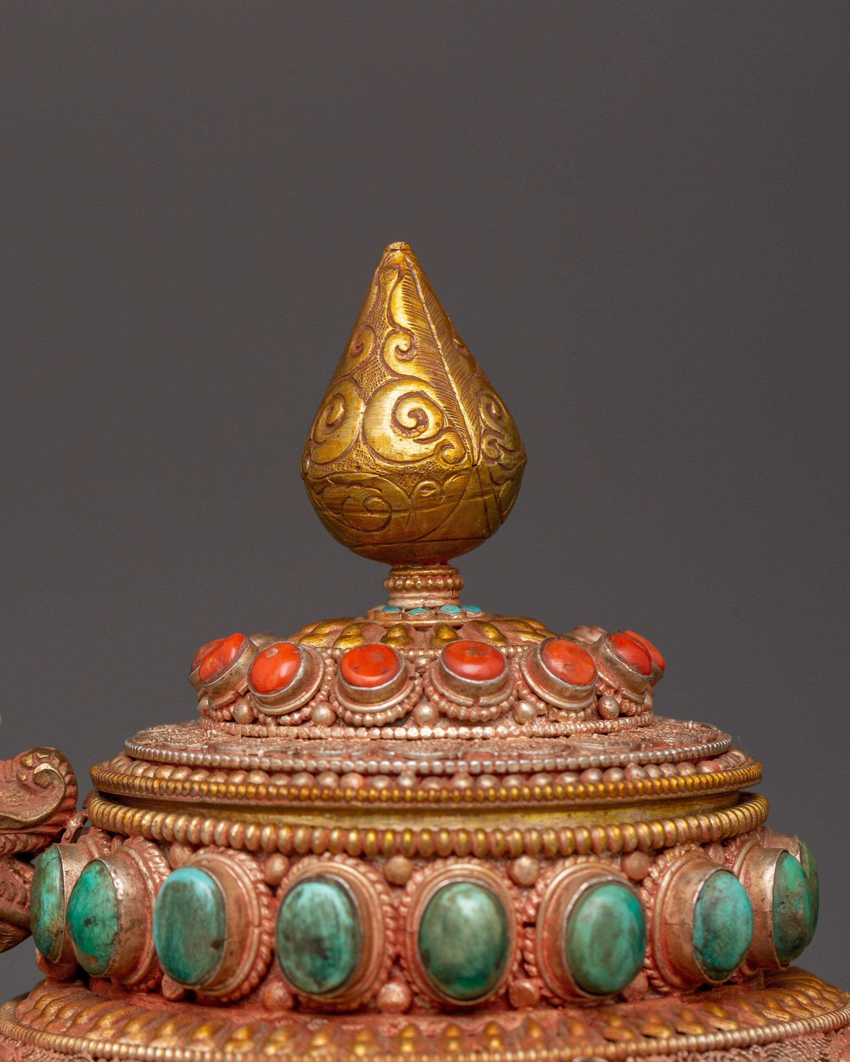 92.5% silver Tibetan teapot with Coral & Turquoise |  Ritual Pot with Filigree Work