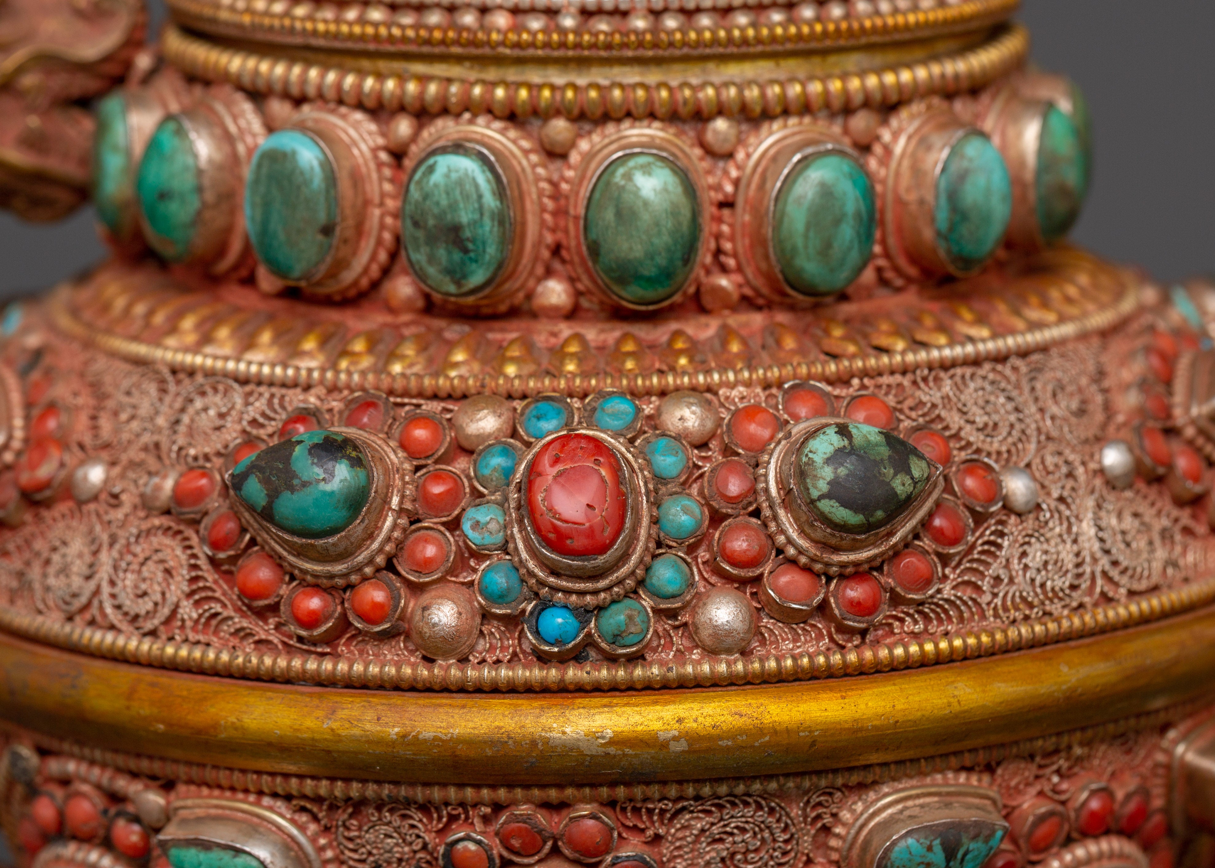 92.5% silver Tibetan teapot with Coral & Turquoise |  Ritual Pot with Filigree Work