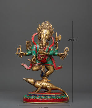 Lord Ganesh In Dance Posture Statue | Brass Ganesh Statue with Turquoise & Coral
