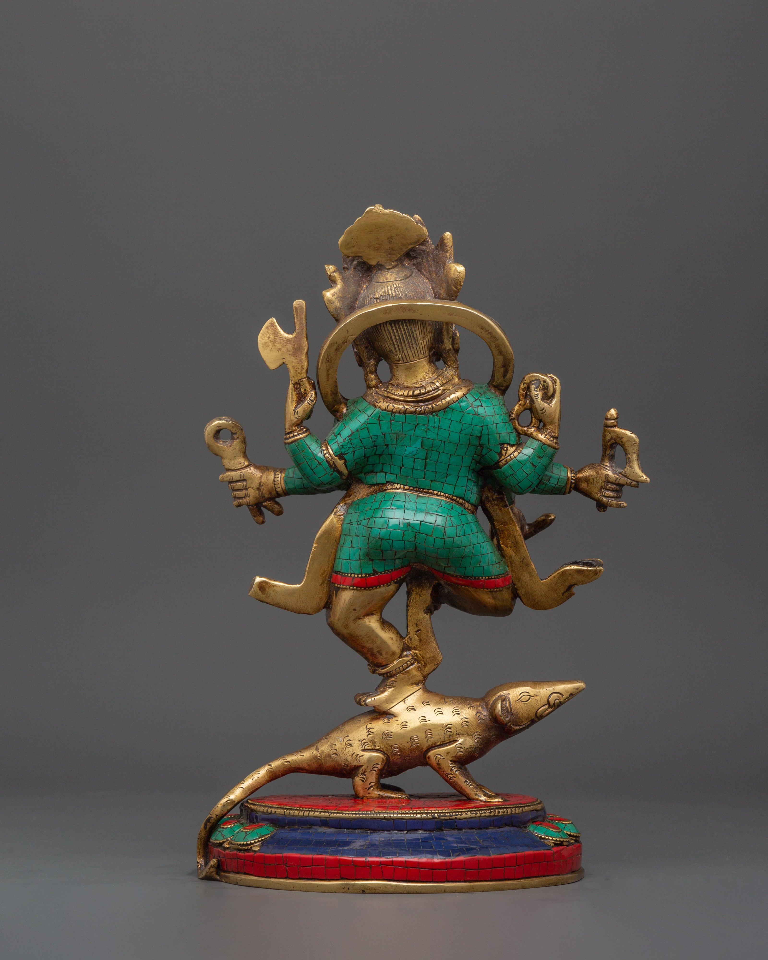 Lord Ganesh In Dance Posture Statue | Brass Ganesh Statue with Turquoise & Coral