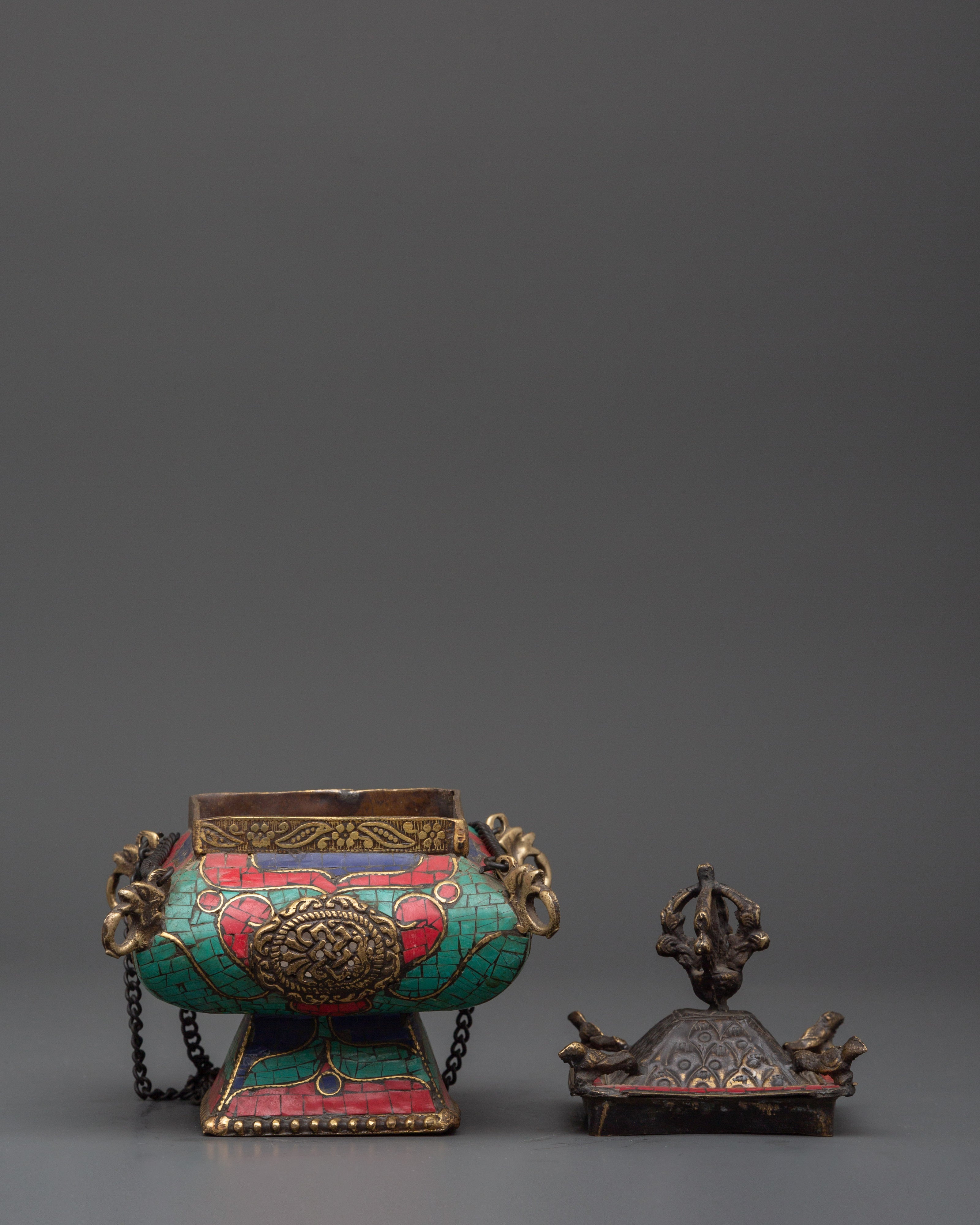 Copper Hanging Incense Burner with Turquoise & Coral Inlay | Ritual Incense Burner