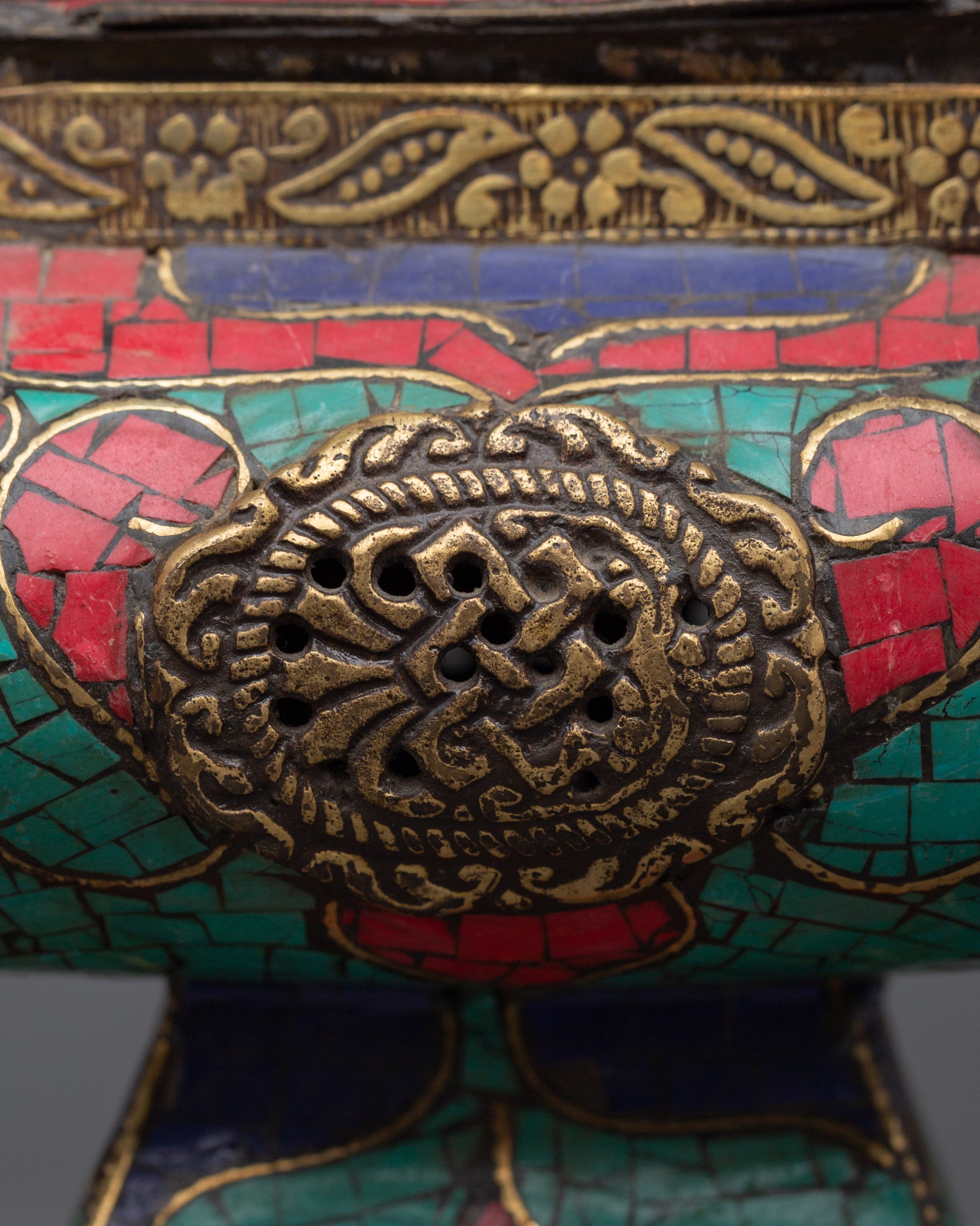 Copper Hanging Incense Burner with Turquoise & Coral Inlay | Ritual Incense Burner