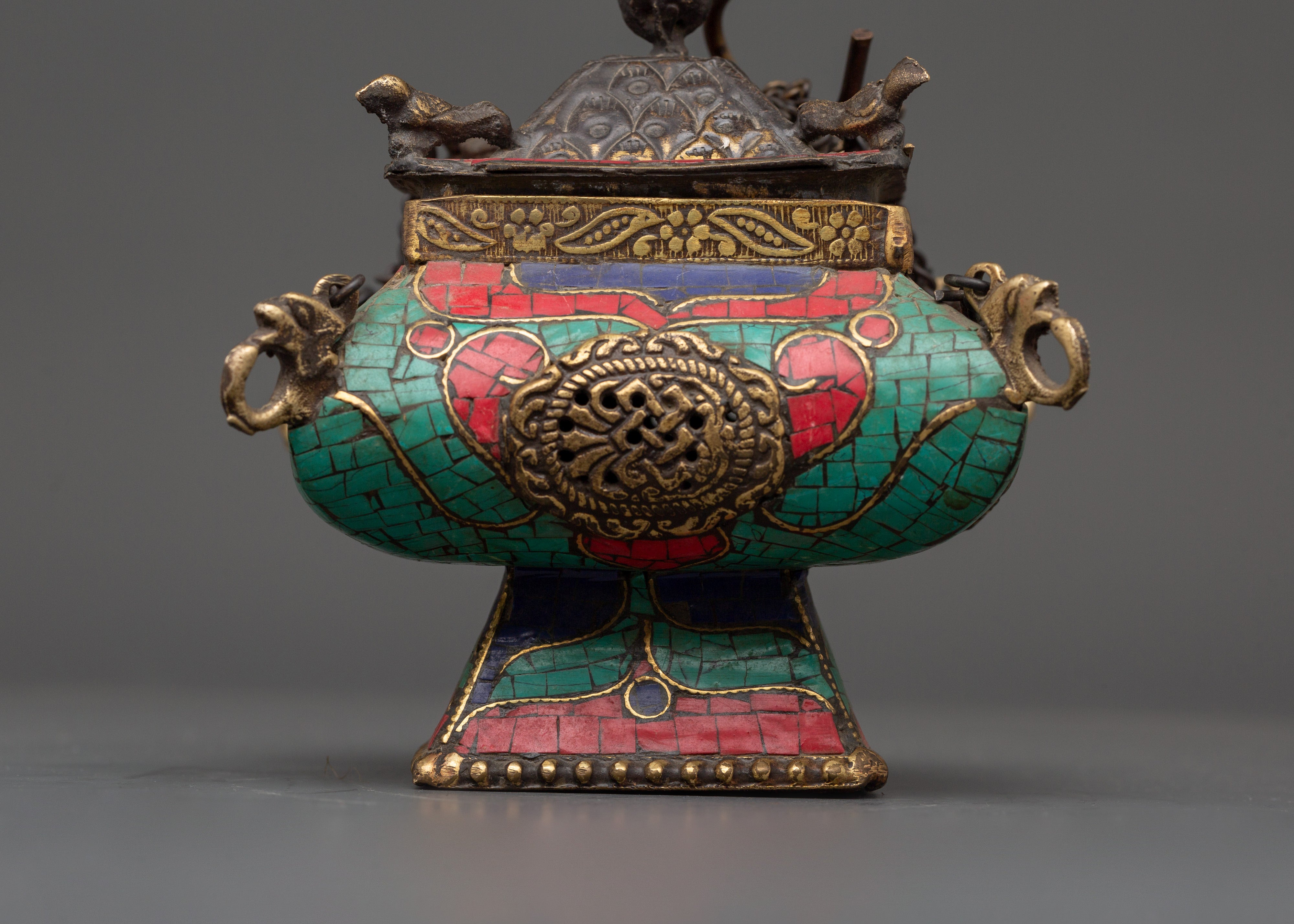 Copper Hanging Incense Burner with Turquoise & Coral Inlay | Ritual Incense Burner
