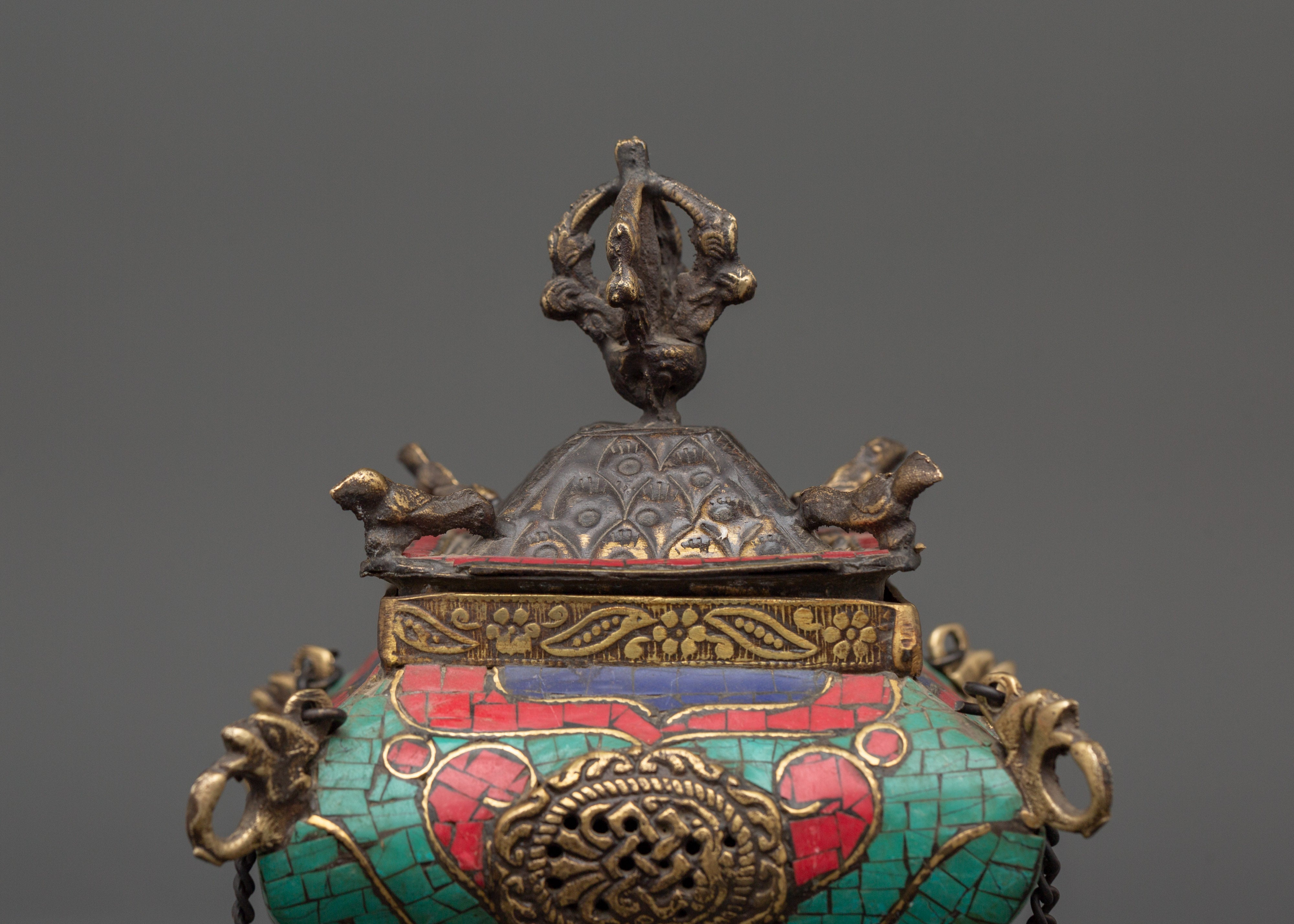 Copper Hanging Incense Burner with Turquoise & Coral Inlay | Ritual Incense Burner