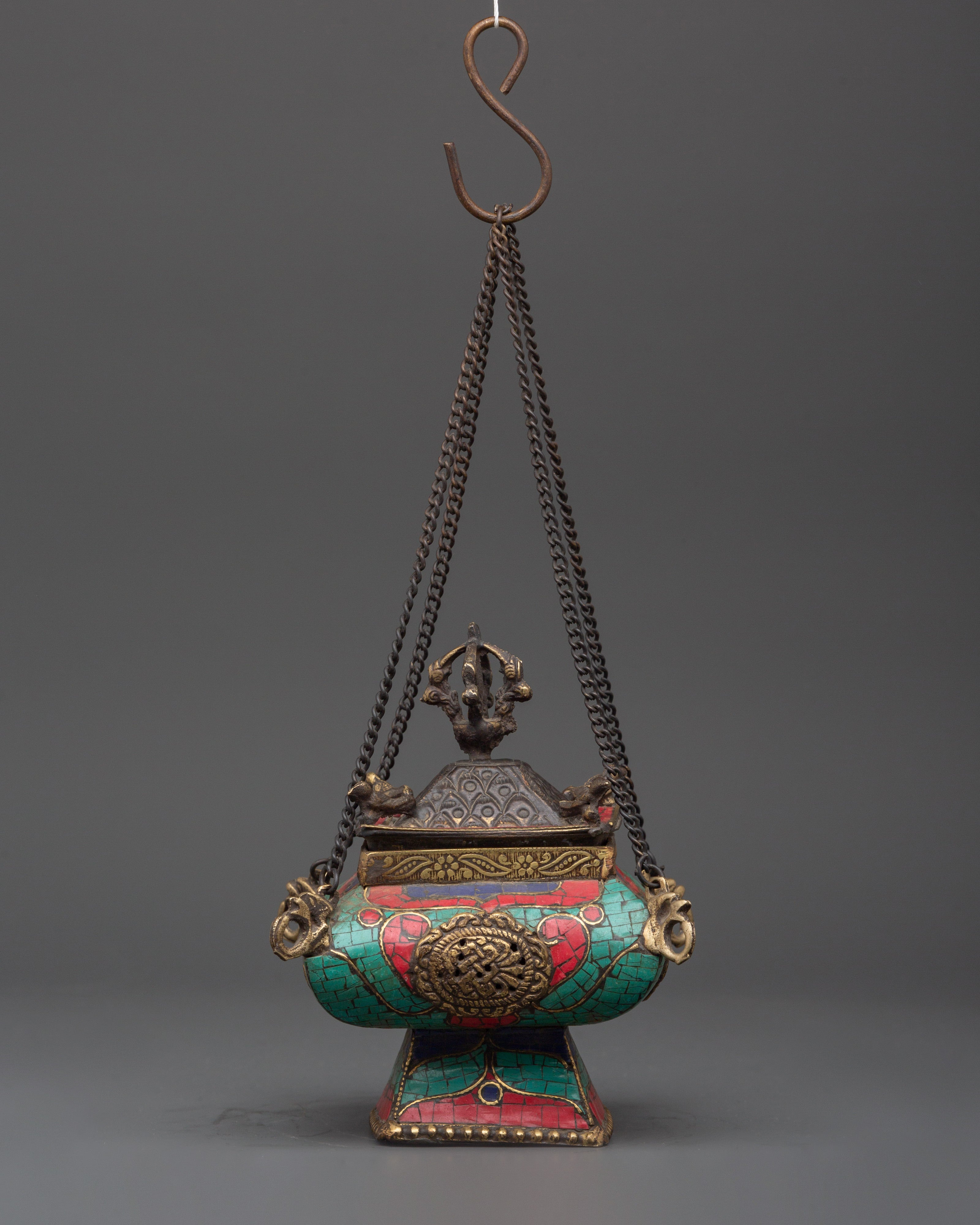 Copper Hanging Incense Burner with Turquoise & Coral Inlay | Ritual Incense Burner
