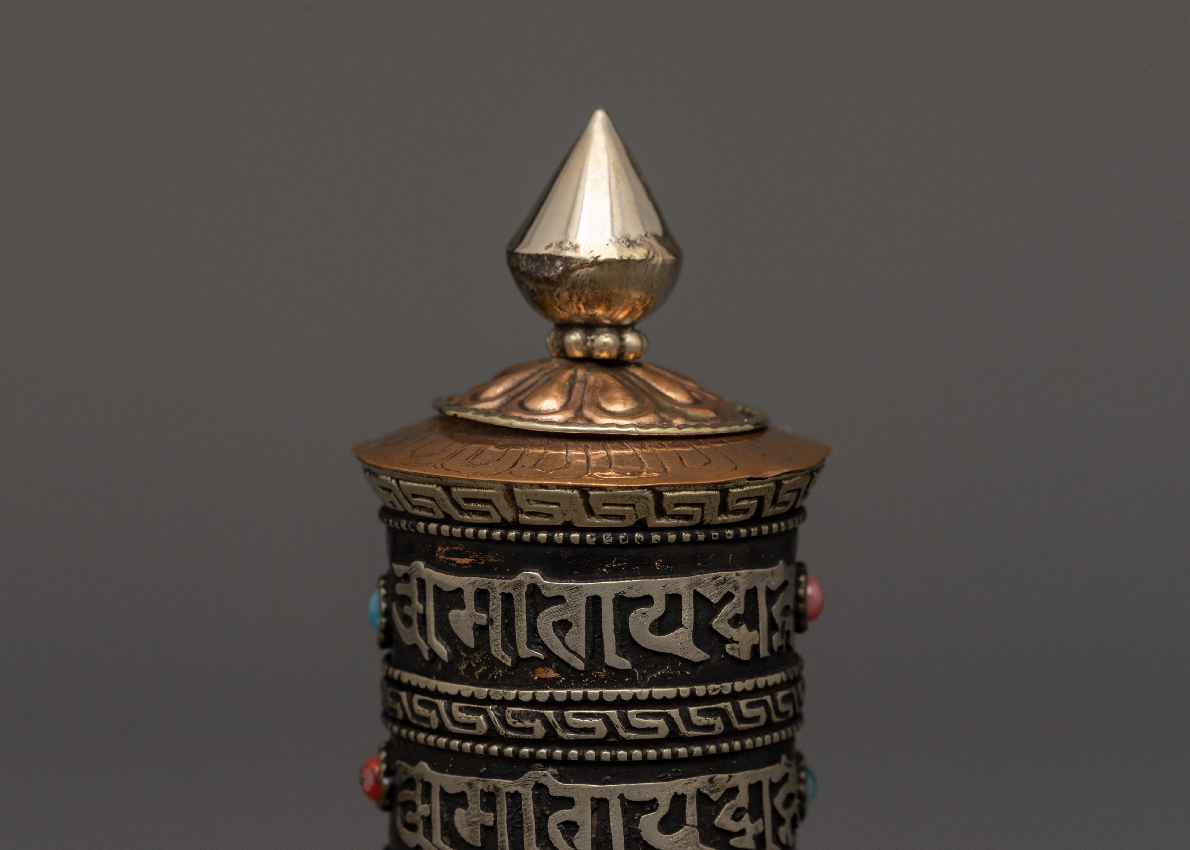 Tibetan Prayer Wheel with Coral | Buddhist Altar Decor for Meditation