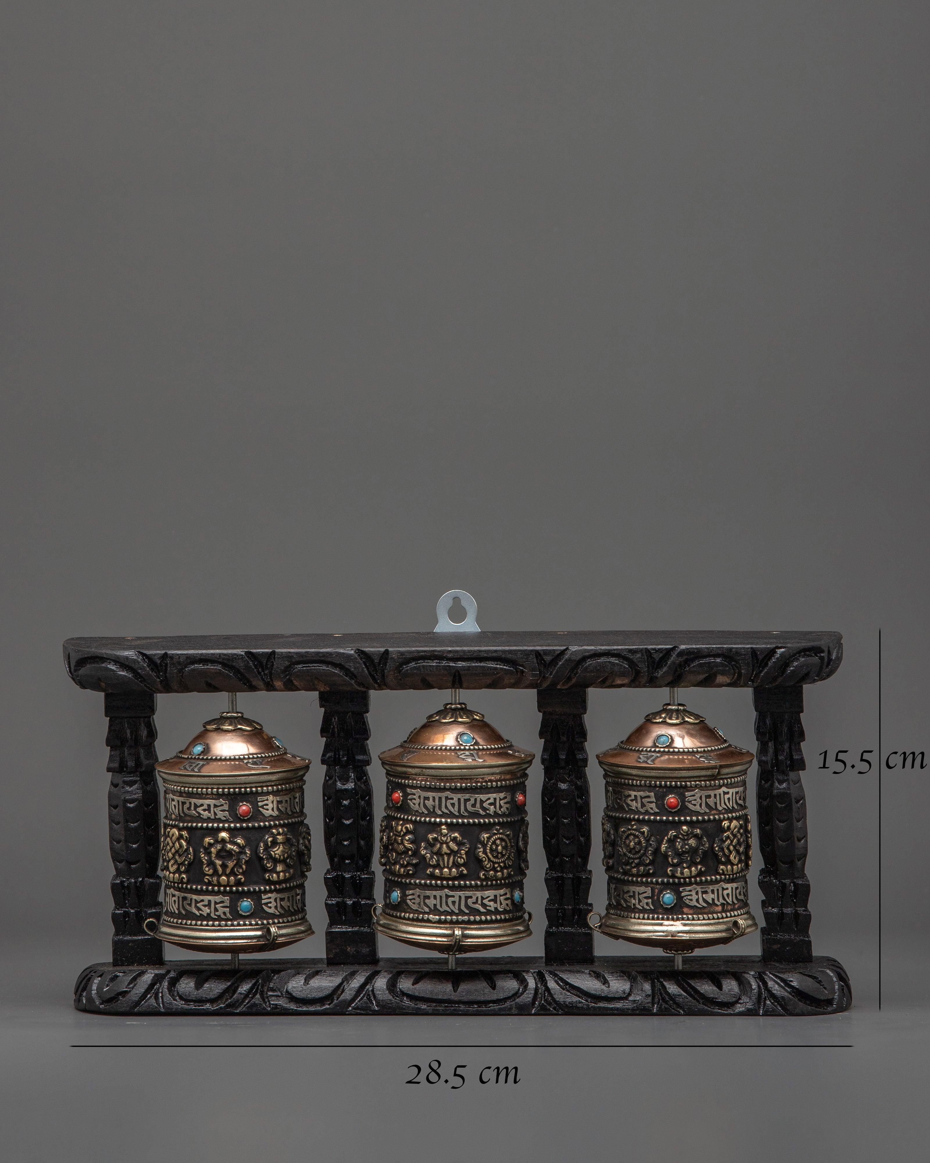 Triple Mantra Prayer Wheel Set | Sacred Mantra Spinners for Altar Decor