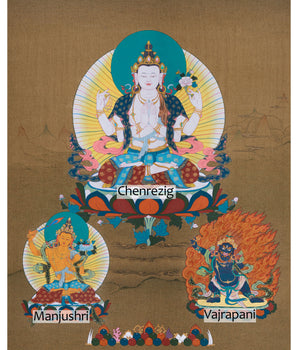 Traditional Thangka of Chenrezig | Featuring Manjushri and Vajrapani