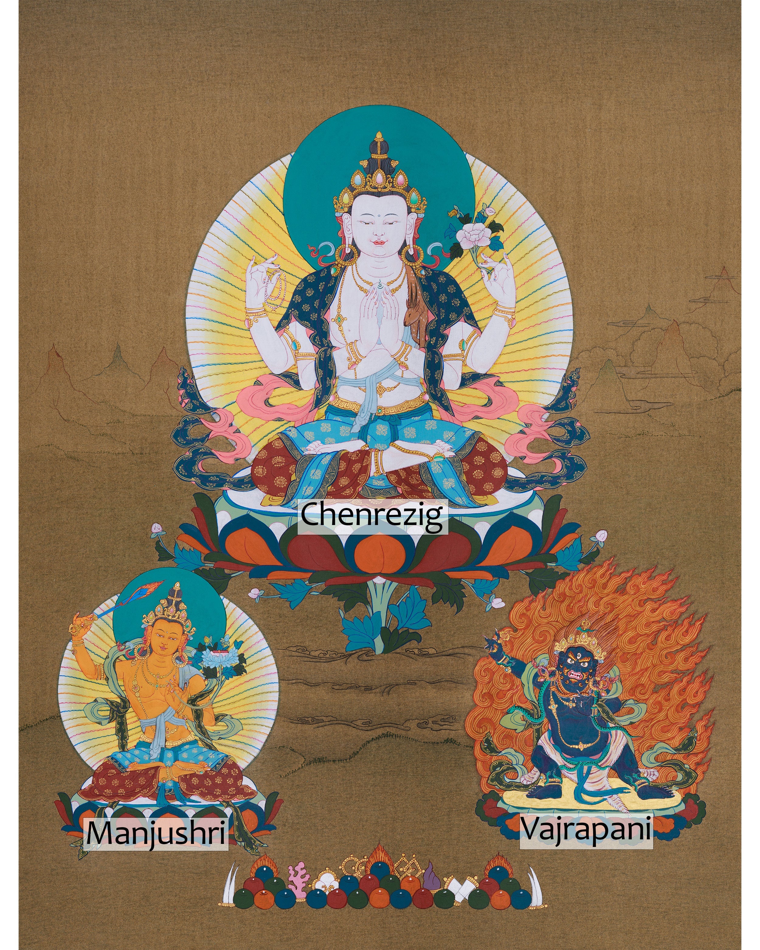 Traditional Thangka of Chenrezig | Featuring Manjushri and Vajrapani