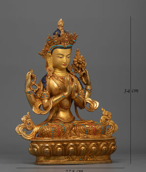 Handmade Chenrezig Serene Deity | 24K Gold Gilded Copper Statue