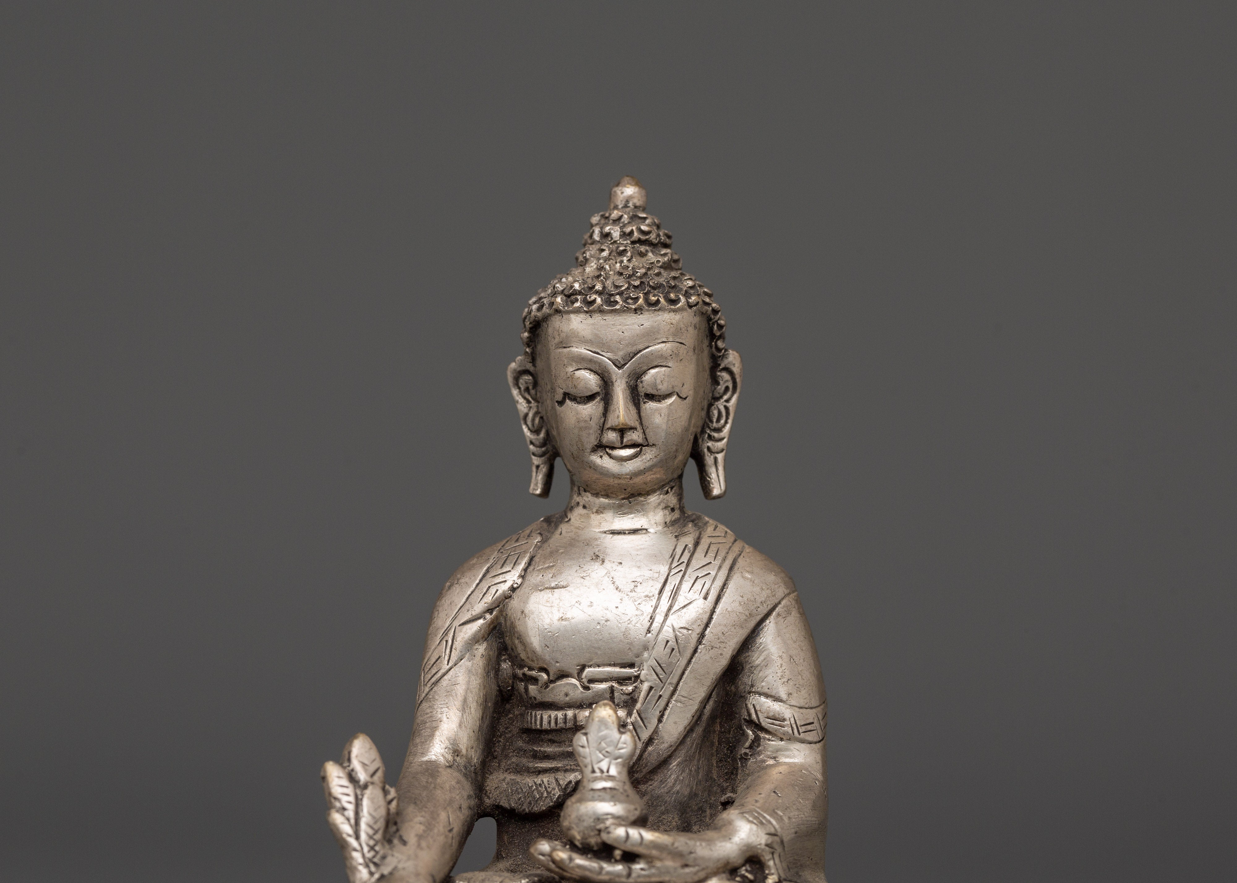 Tibetan Medicine Buddha Statue from Nepal | Handcrafted Silver-Plated Copper