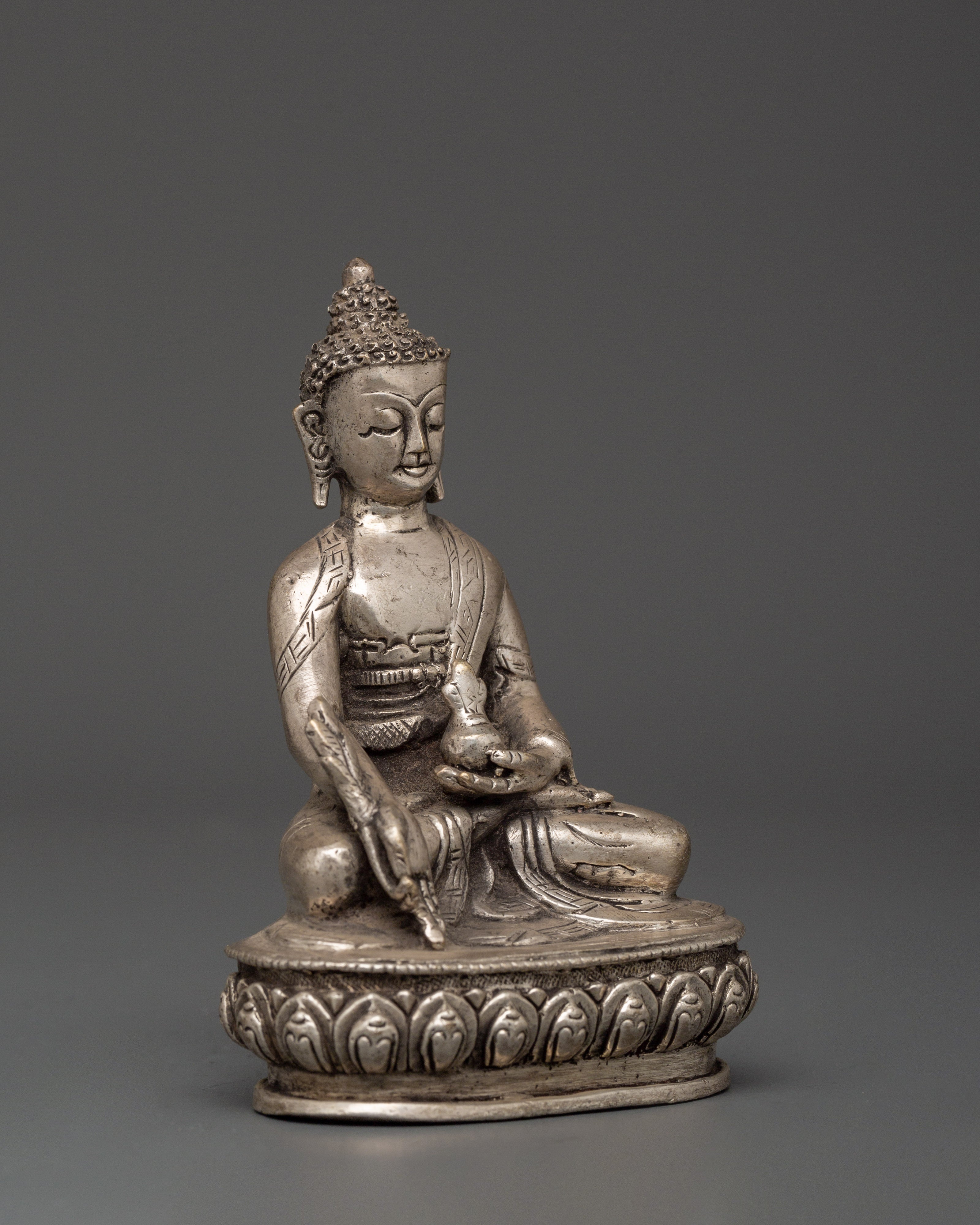Tibetan Medicine Buddha Statue from Nepal | Handcrafted Silver-Plated Copper
