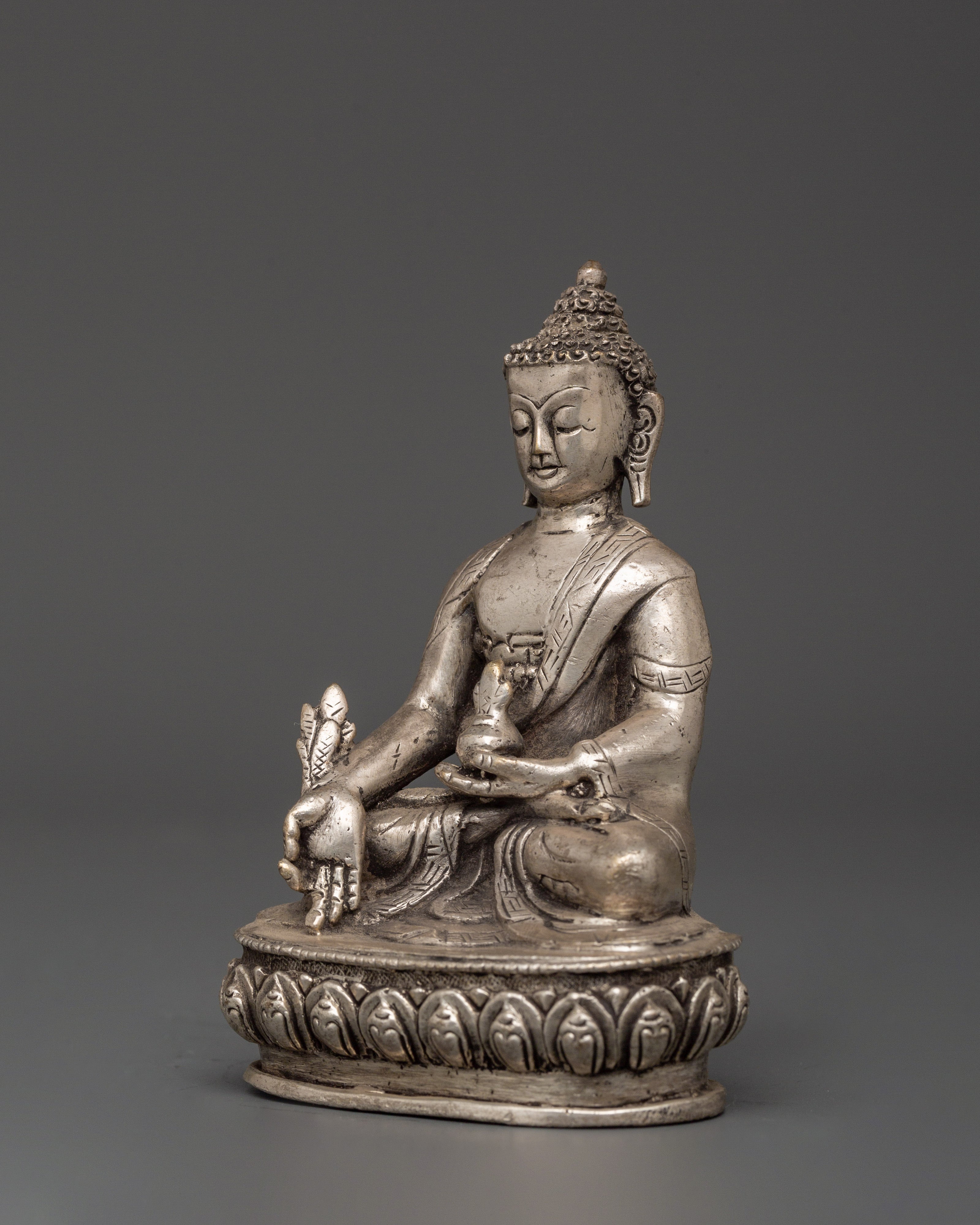 Tibetan Medicine Buddha Statue from Nepal | Handcrafted Silver-Plated Copper