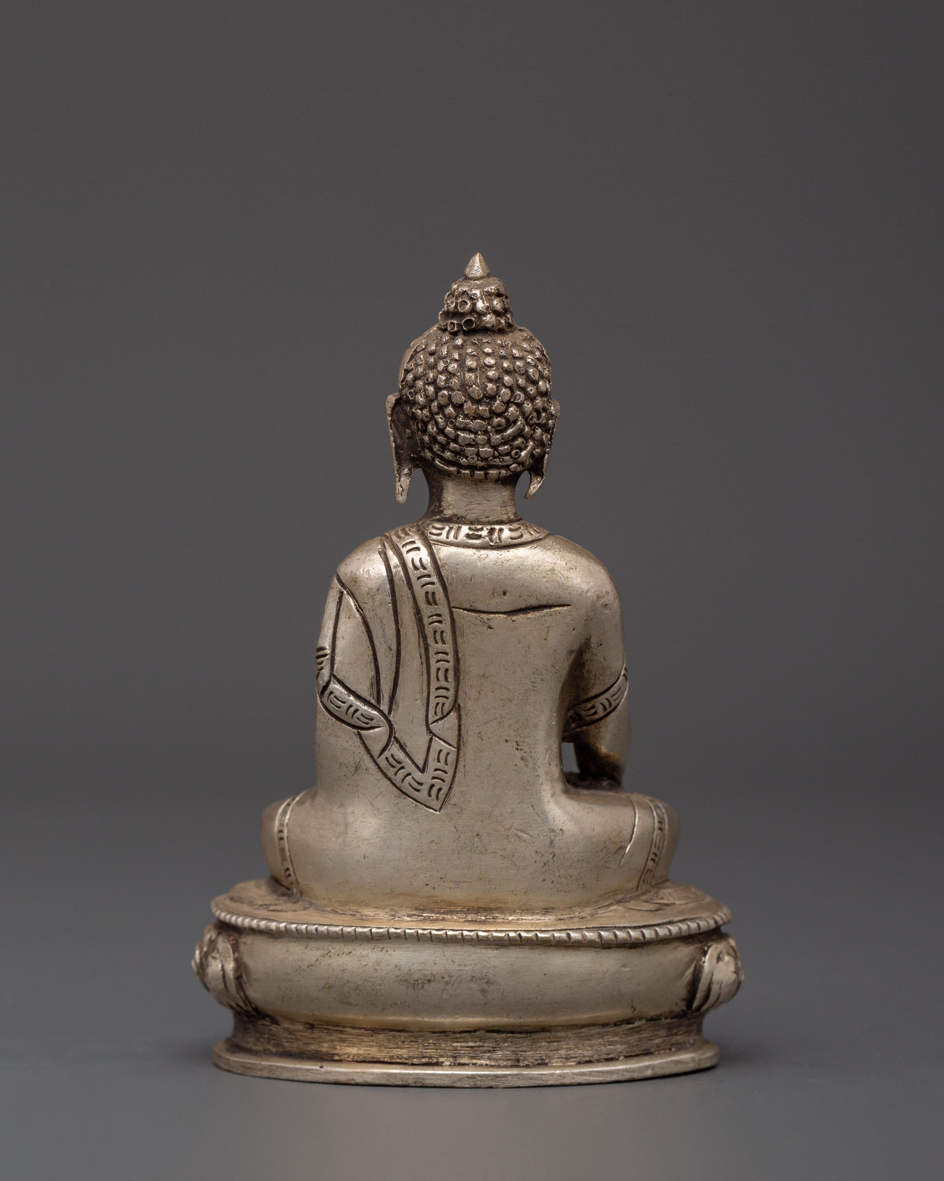 Tibetan Deity of Enlightenment Shakyamuni Buddha Statue | Silver-Plated Copper Body