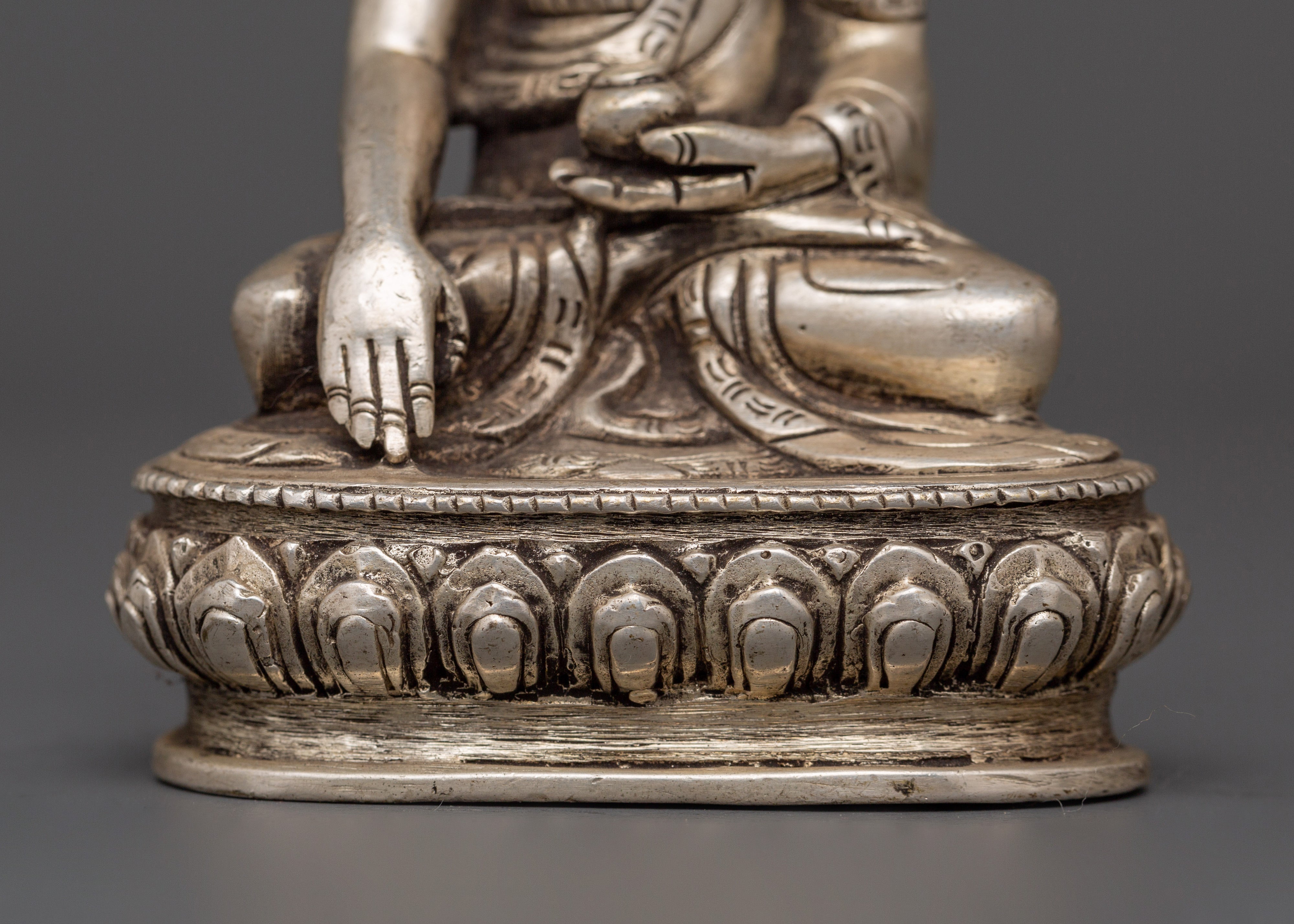 Tibetan Deity of Enlightenment Shakyamuni Buddha Statue | Silver-Plated Copper Body