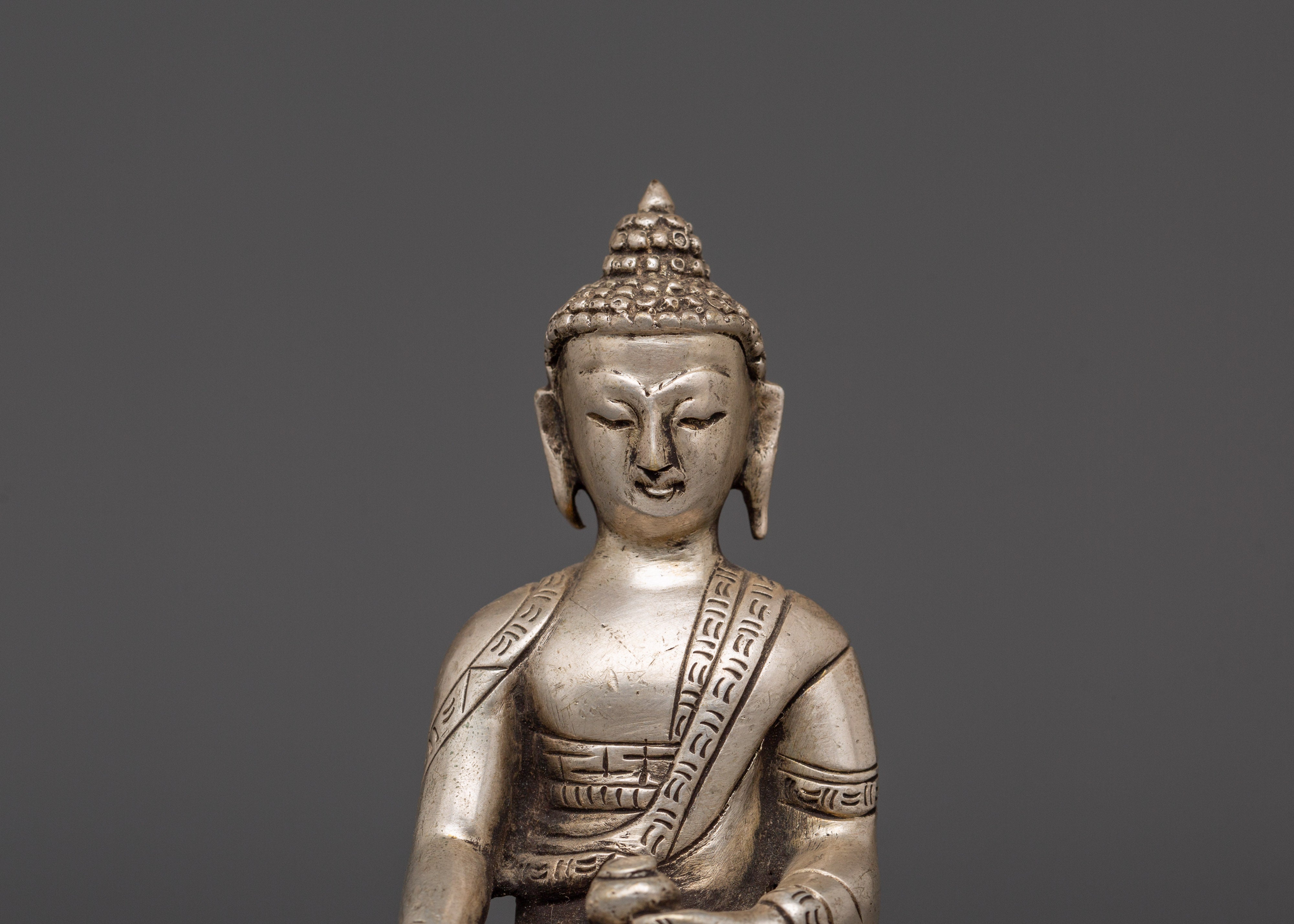 Tibetan Deity of Enlightenment Shakyamuni Buddha Statue | Silver-Plated Copper Body